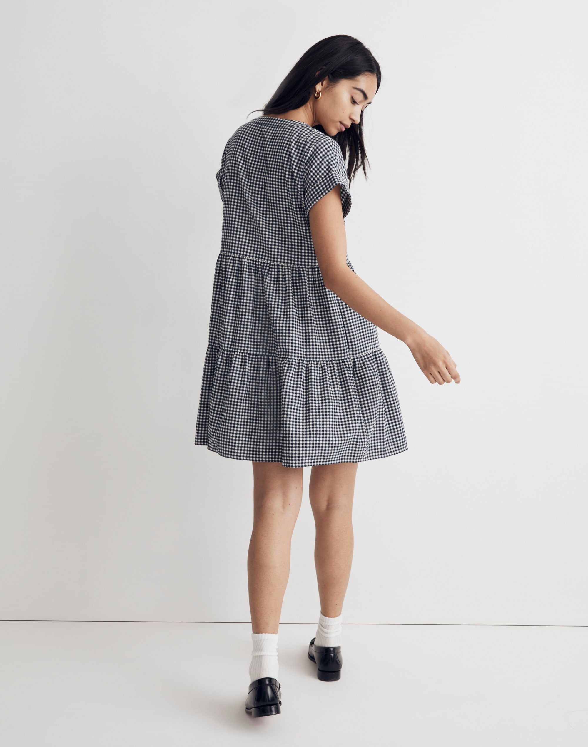 Cuff-Sleeve Button-Front Tiered Mini Dress in Gingham Check