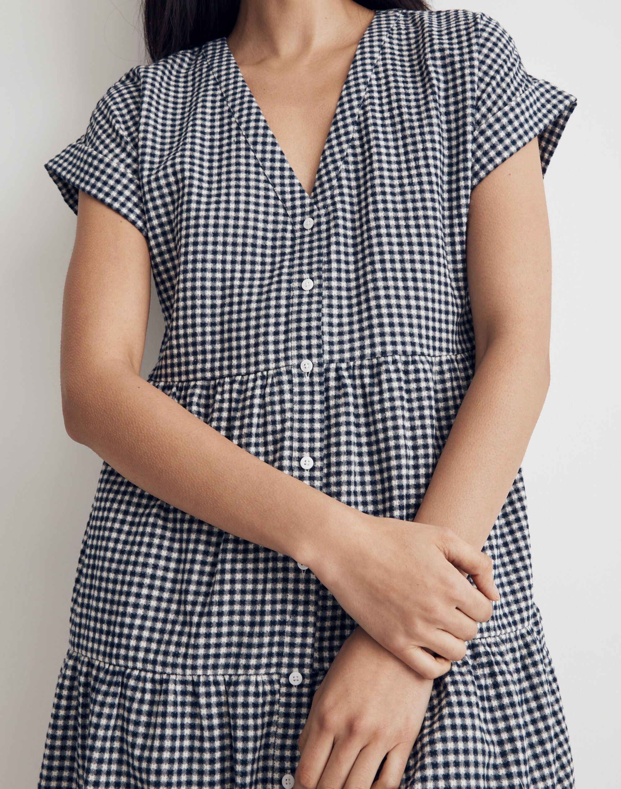Cuff-Sleeve Button-Front Tiered Mini Dress in Gingham Check