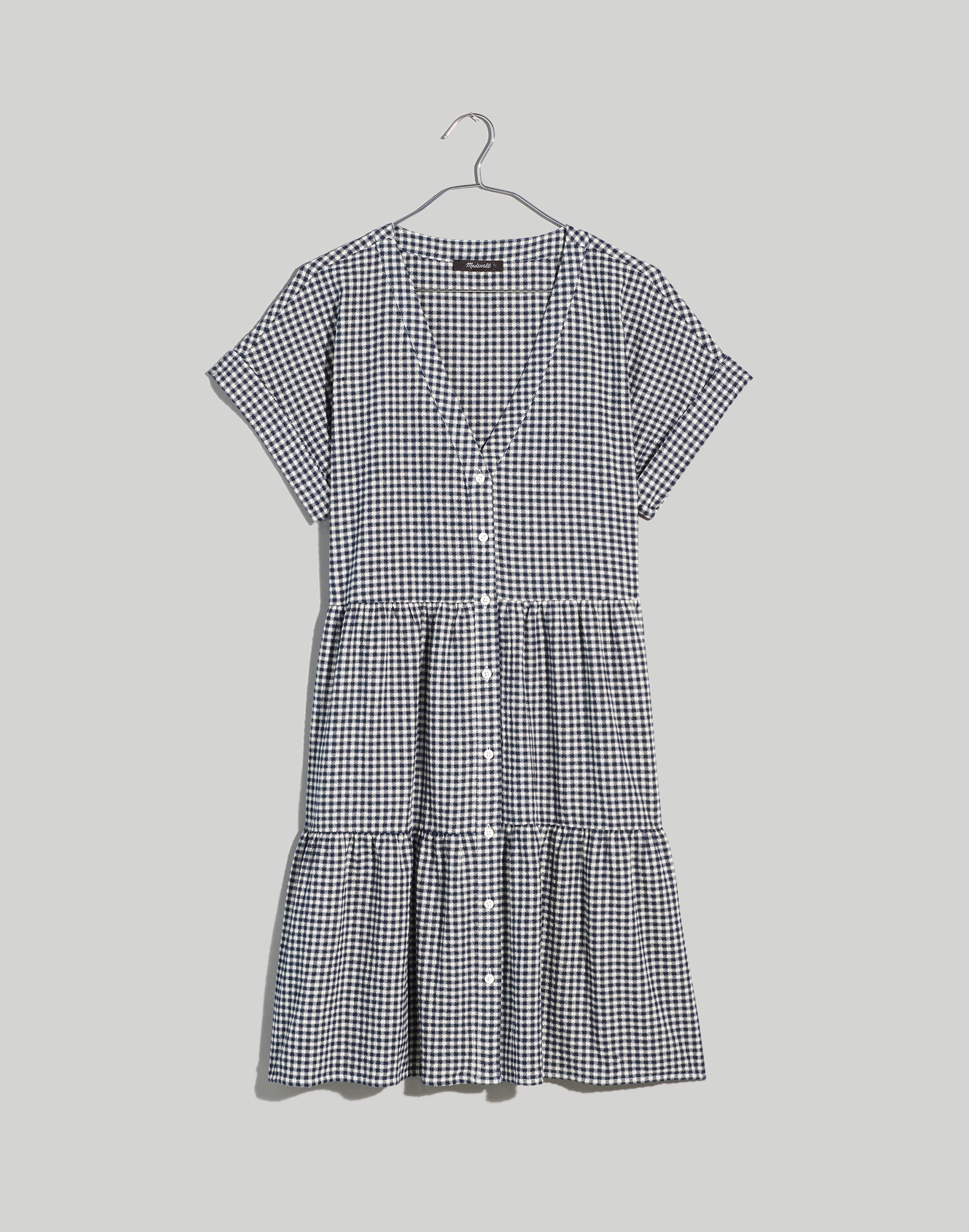 Cuff-Sleeve Button-Front Tiered Mini Dress in Gingham Check