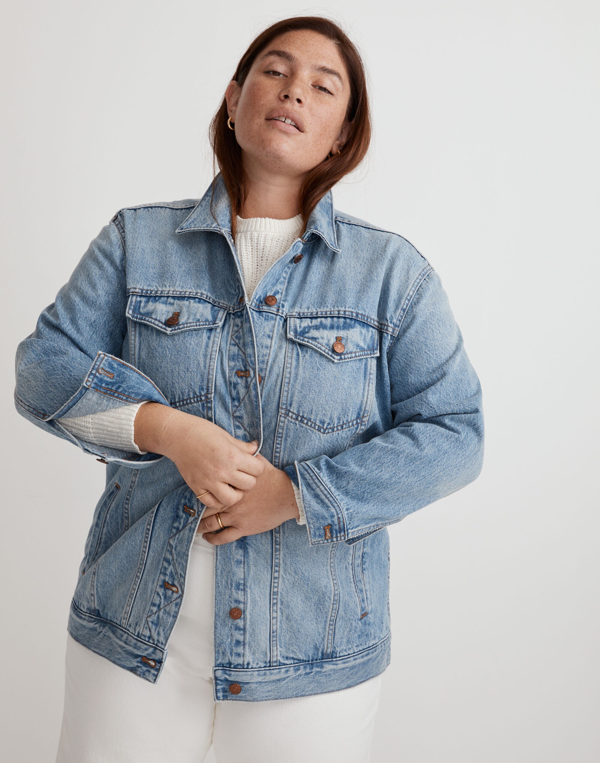 The Plus Oversized Trucker Jean Jacket in Kelson Wash