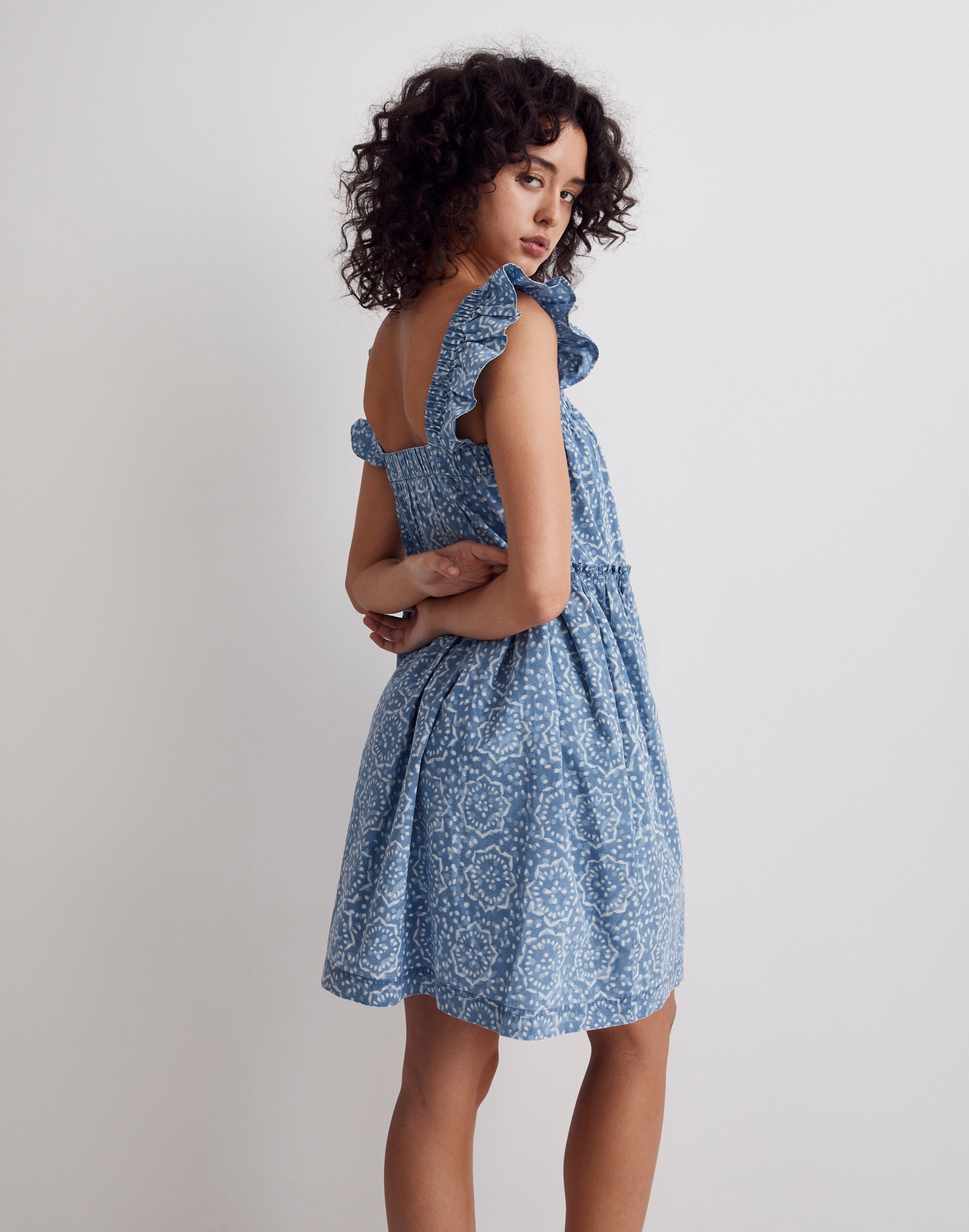Flutter-Sleeve Ruffle Mini Dress in Flora Medallion