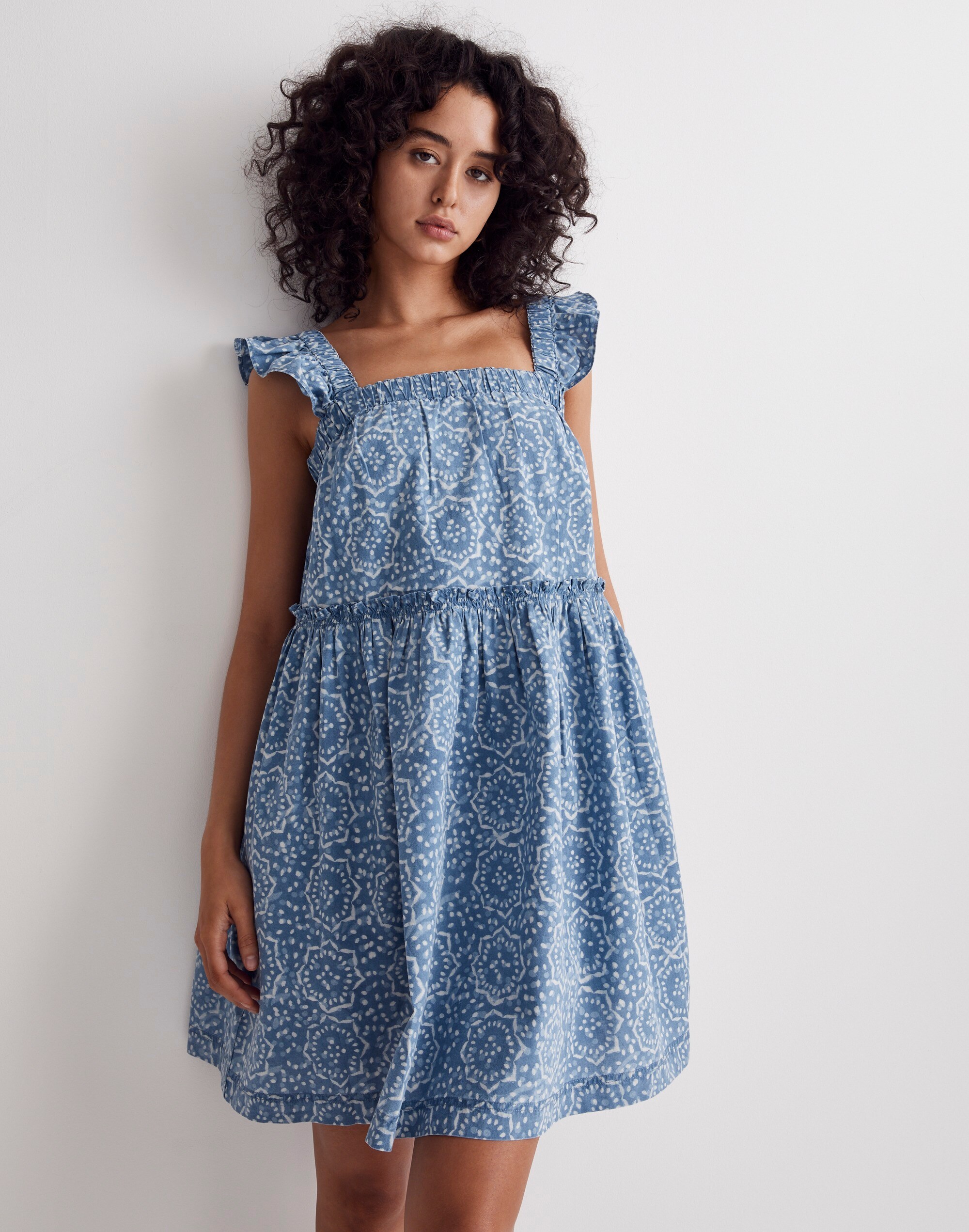 Flutter-Sleeve Ruffle Mini Dress in Flora Medallion