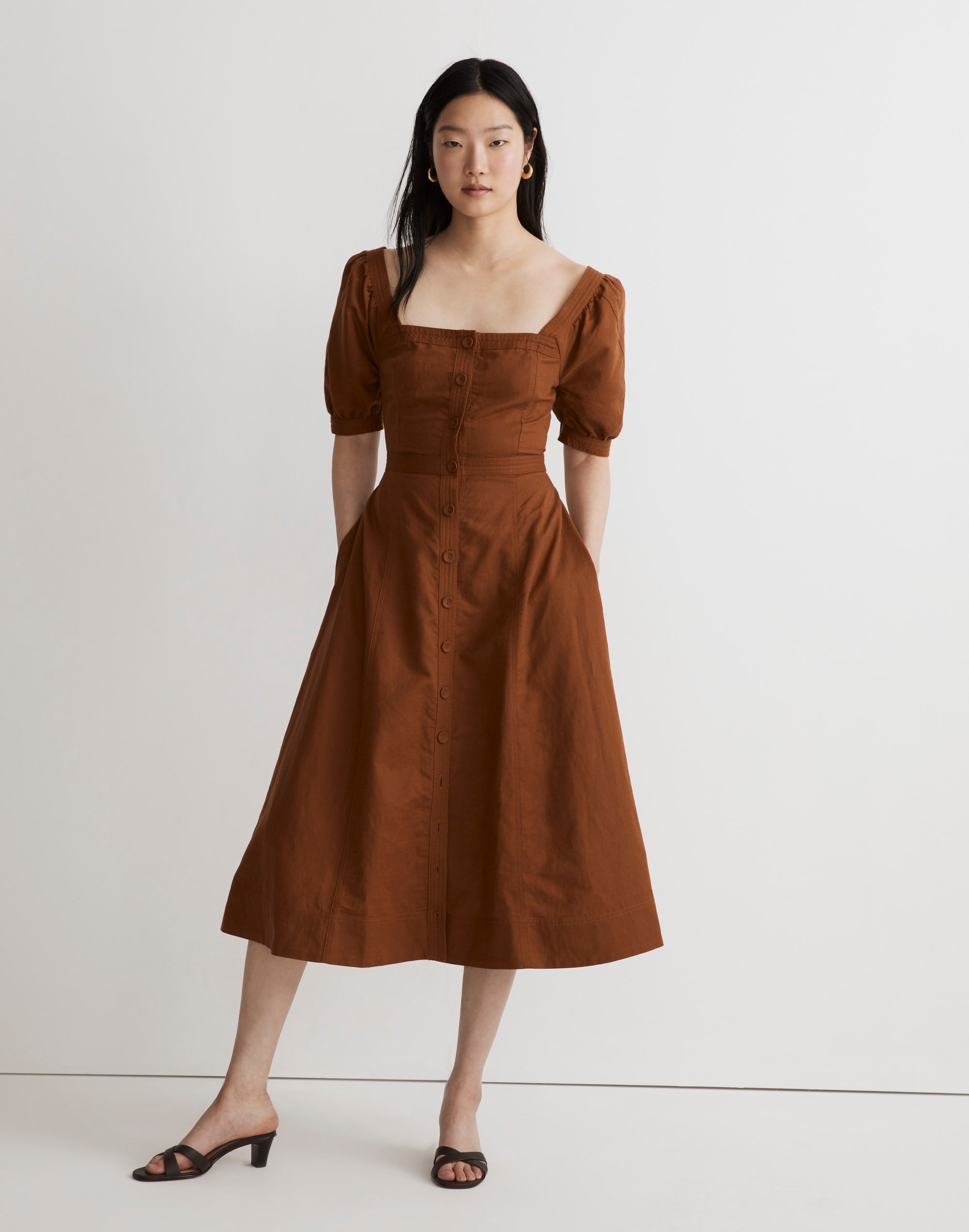 Seamed Puff-Sleeve Midi Dress