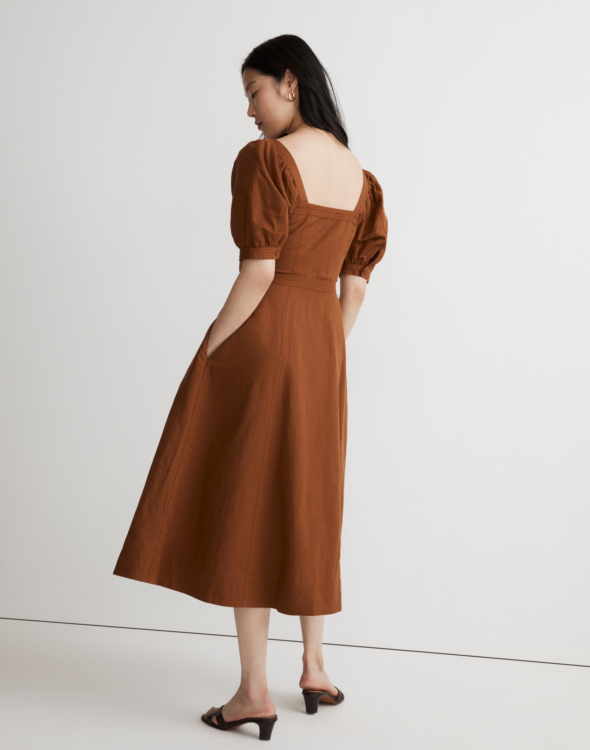 Seamed Puff-Sleeve Midi Dress