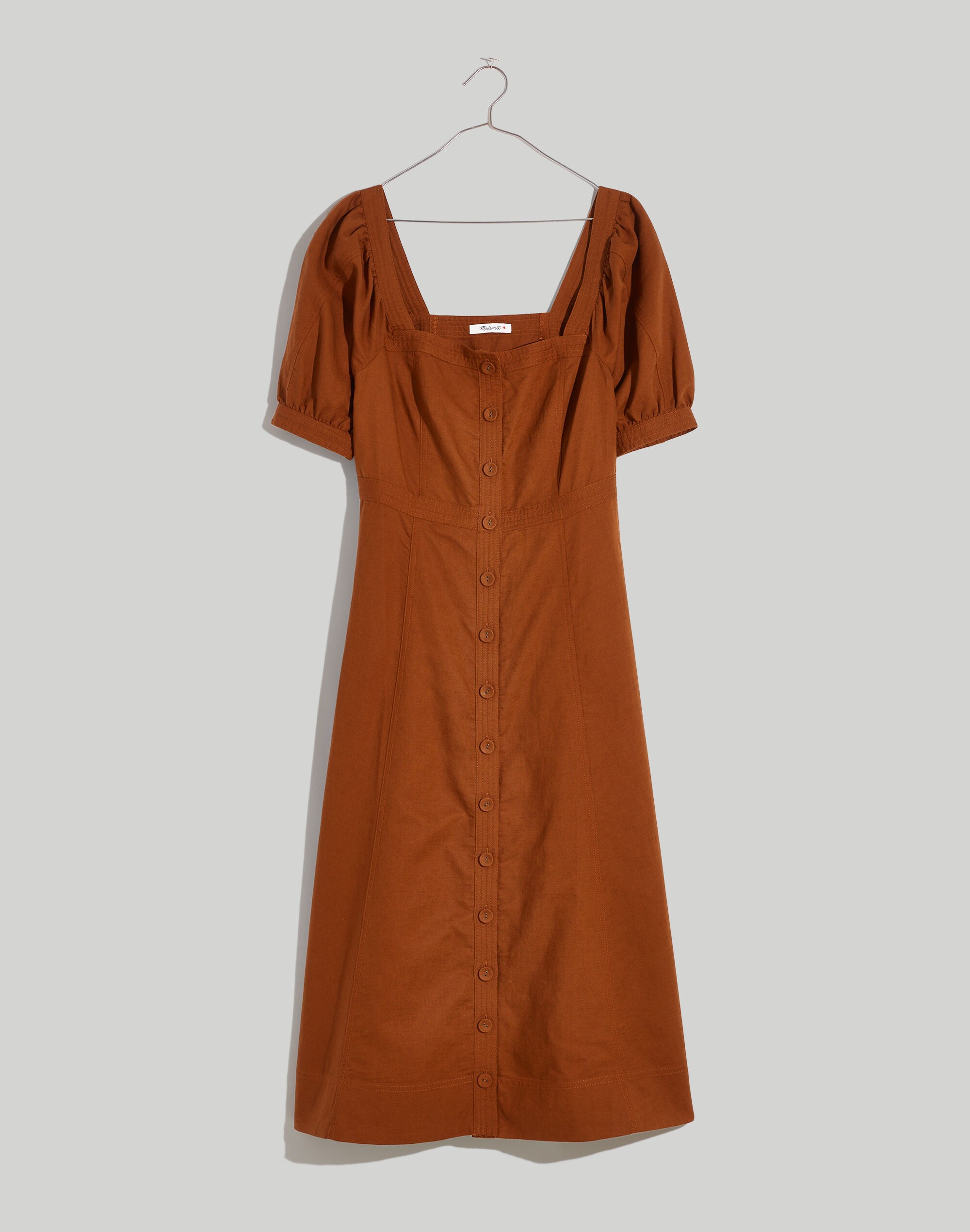 Seamed Puff-Sleeve Midi Dress
