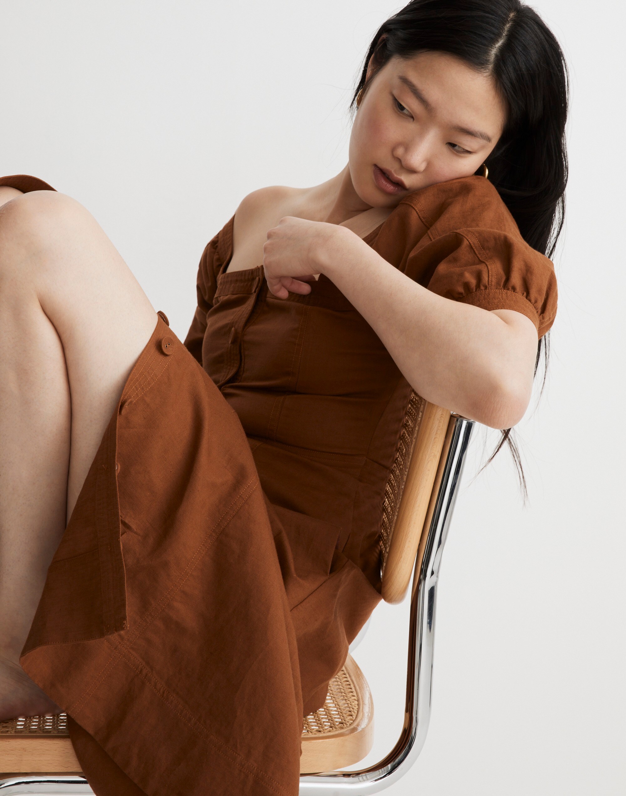 Seamed Puff-Sleeve Midi Dress