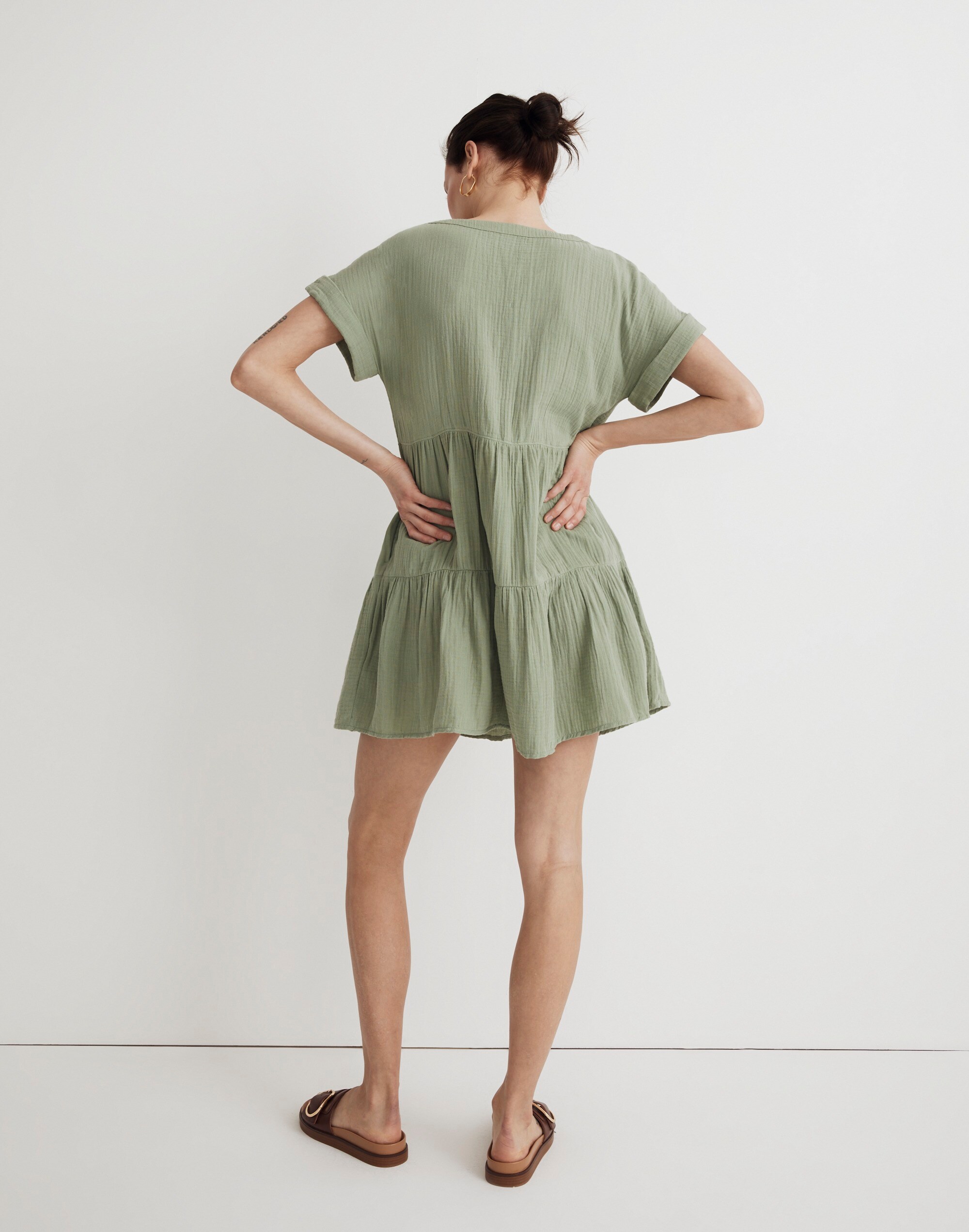 Lightspun Cuff-Sleeve Button-Front Tiered Mini Dress