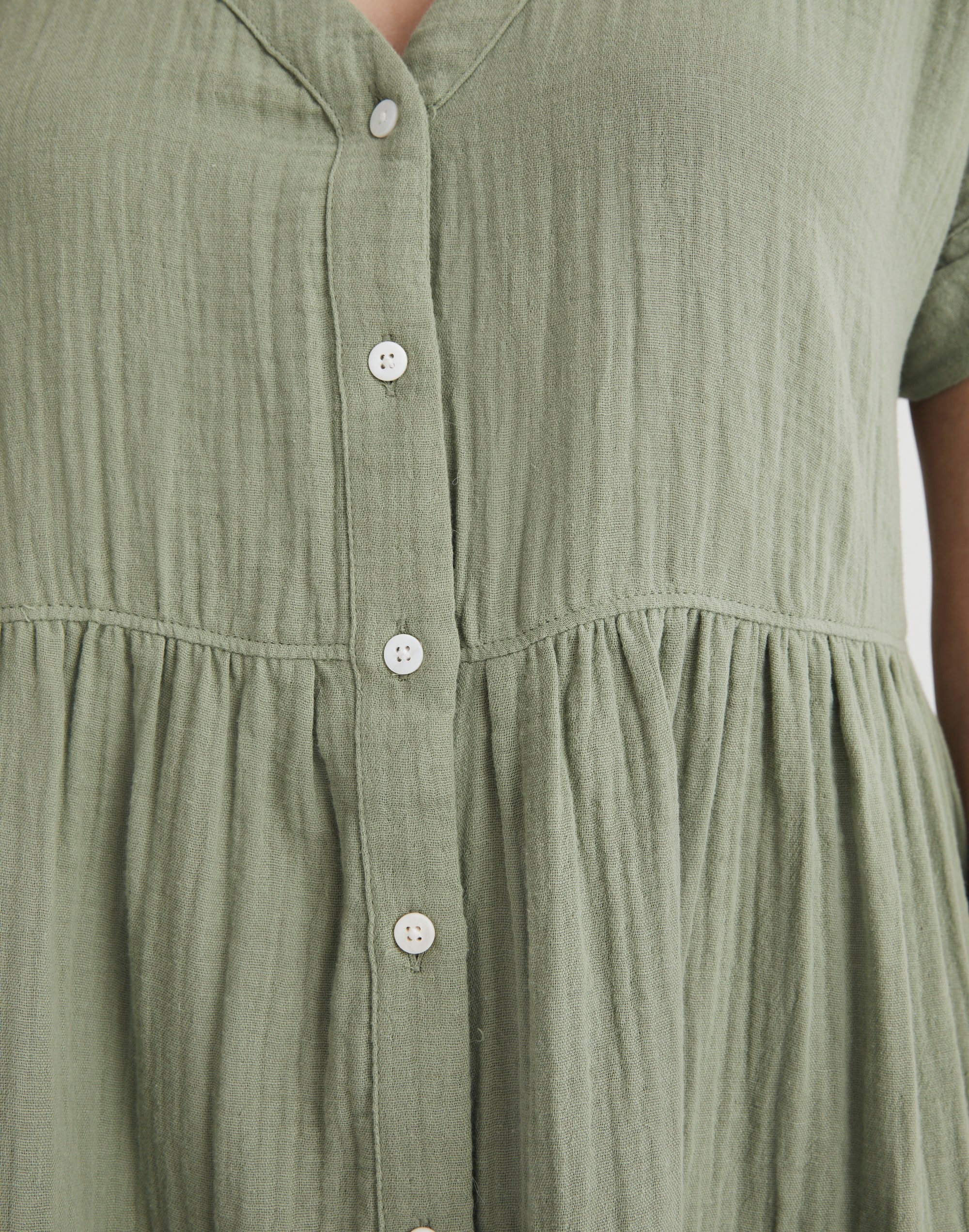 Lightspun Cuff-Sleeve Button-Front Tiered Mini Dress