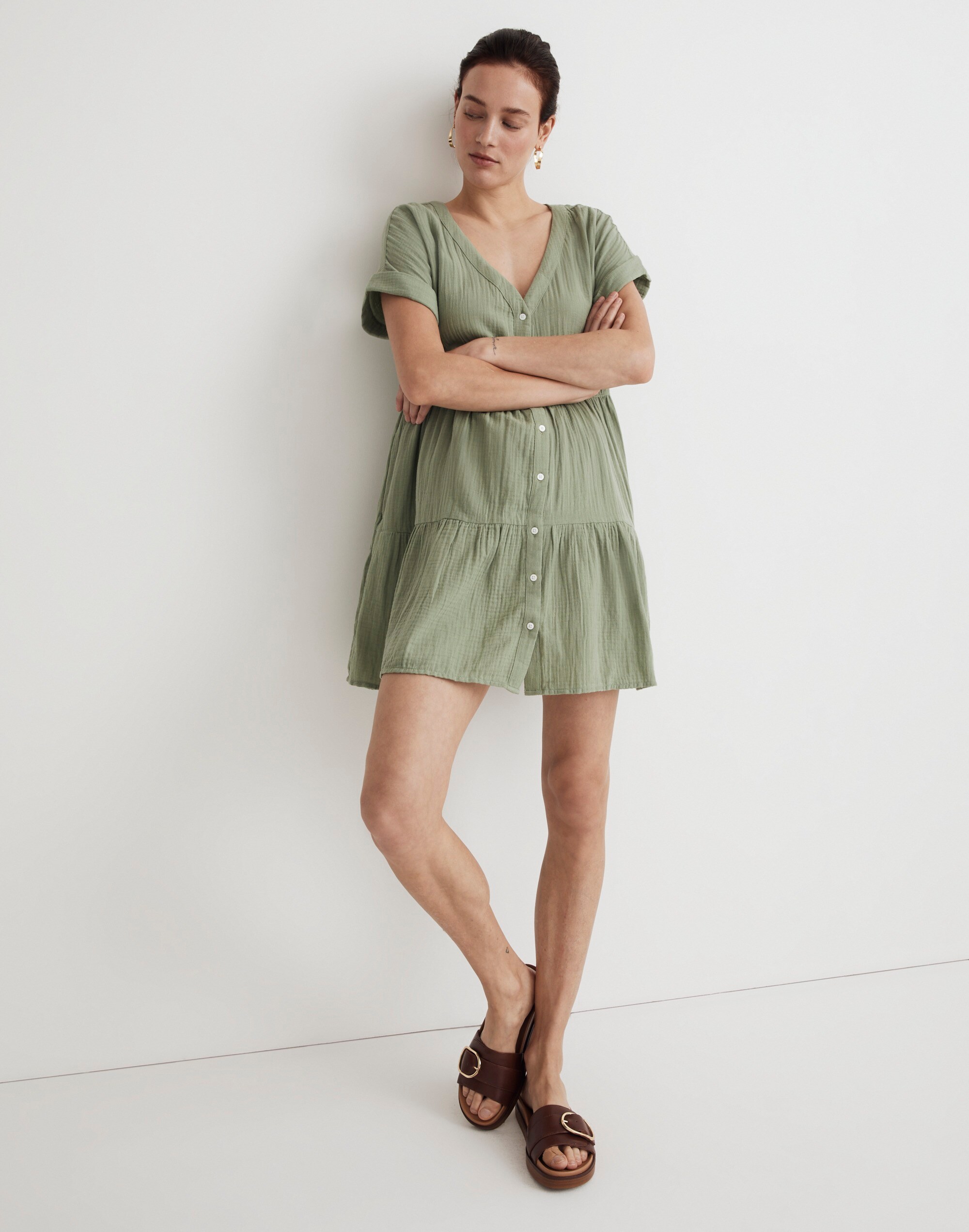 Lightspun Cuff-Sleeve Button-Front Tiered Mini Dress