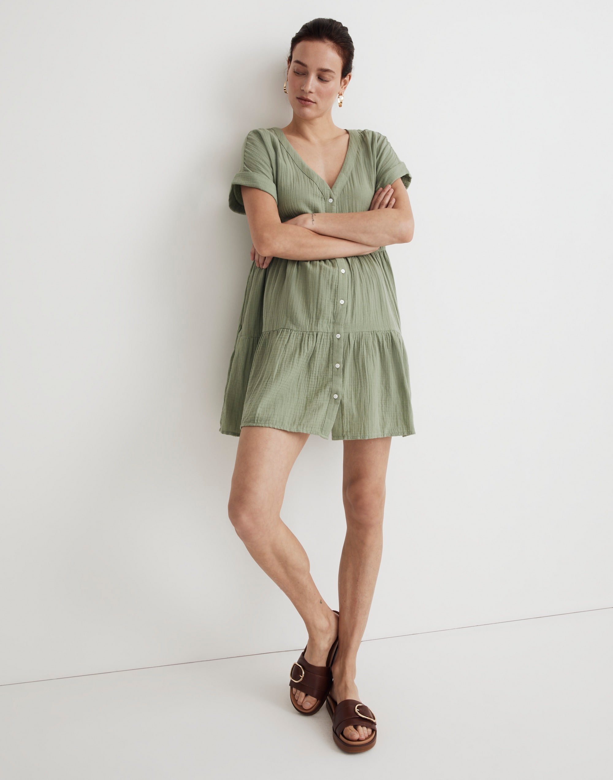 lightspun cuff-sleeve button-front tiered mini dress