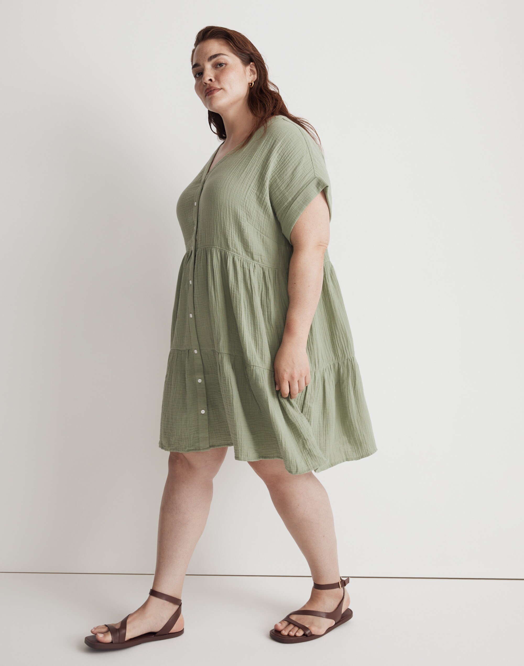 Plus Lightspun Cuff-Sleeve Button-Front Tiered Mini Dress