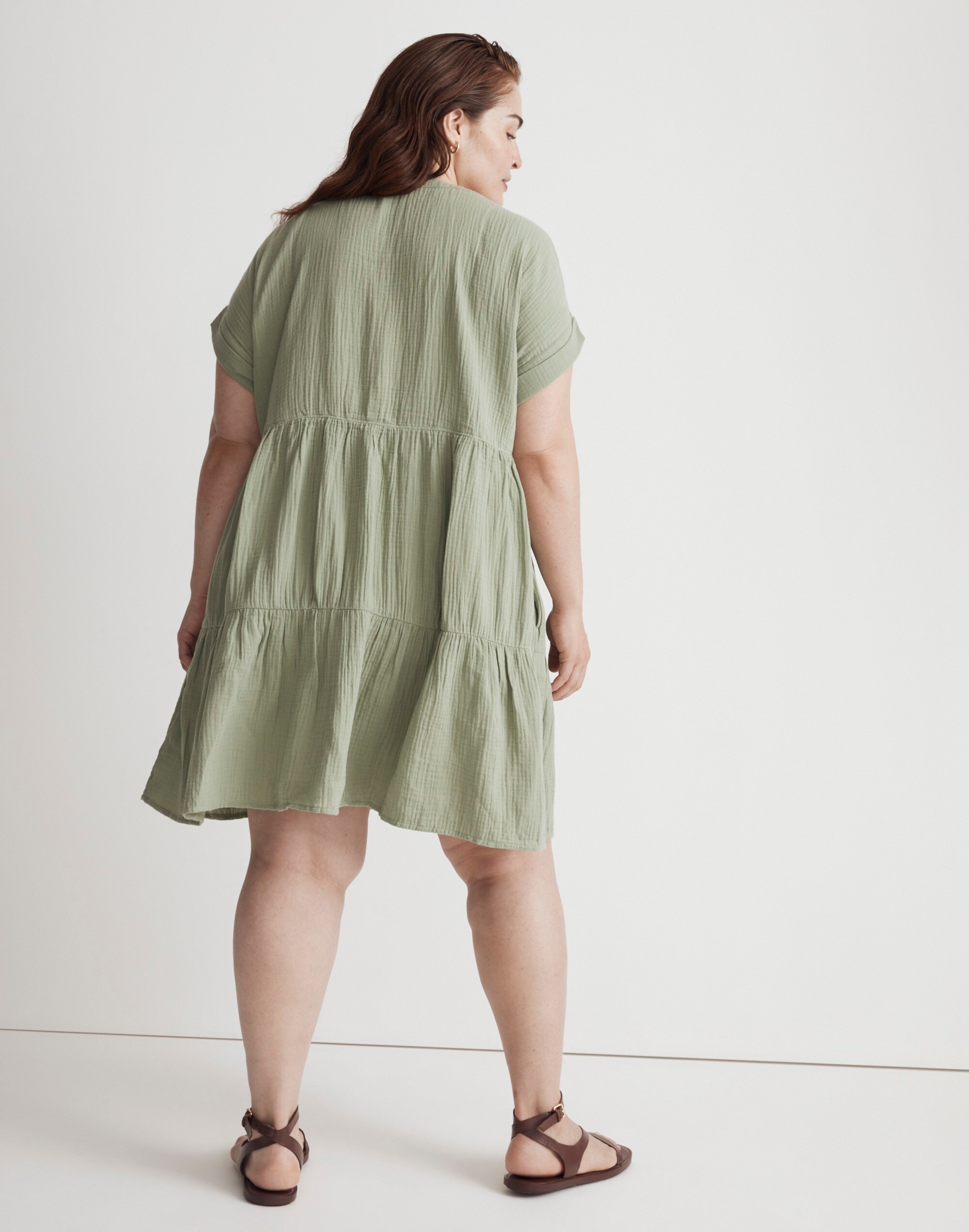 Plus Lightspun Cuff-Sleeve Button-Front Tiered Mini Dress