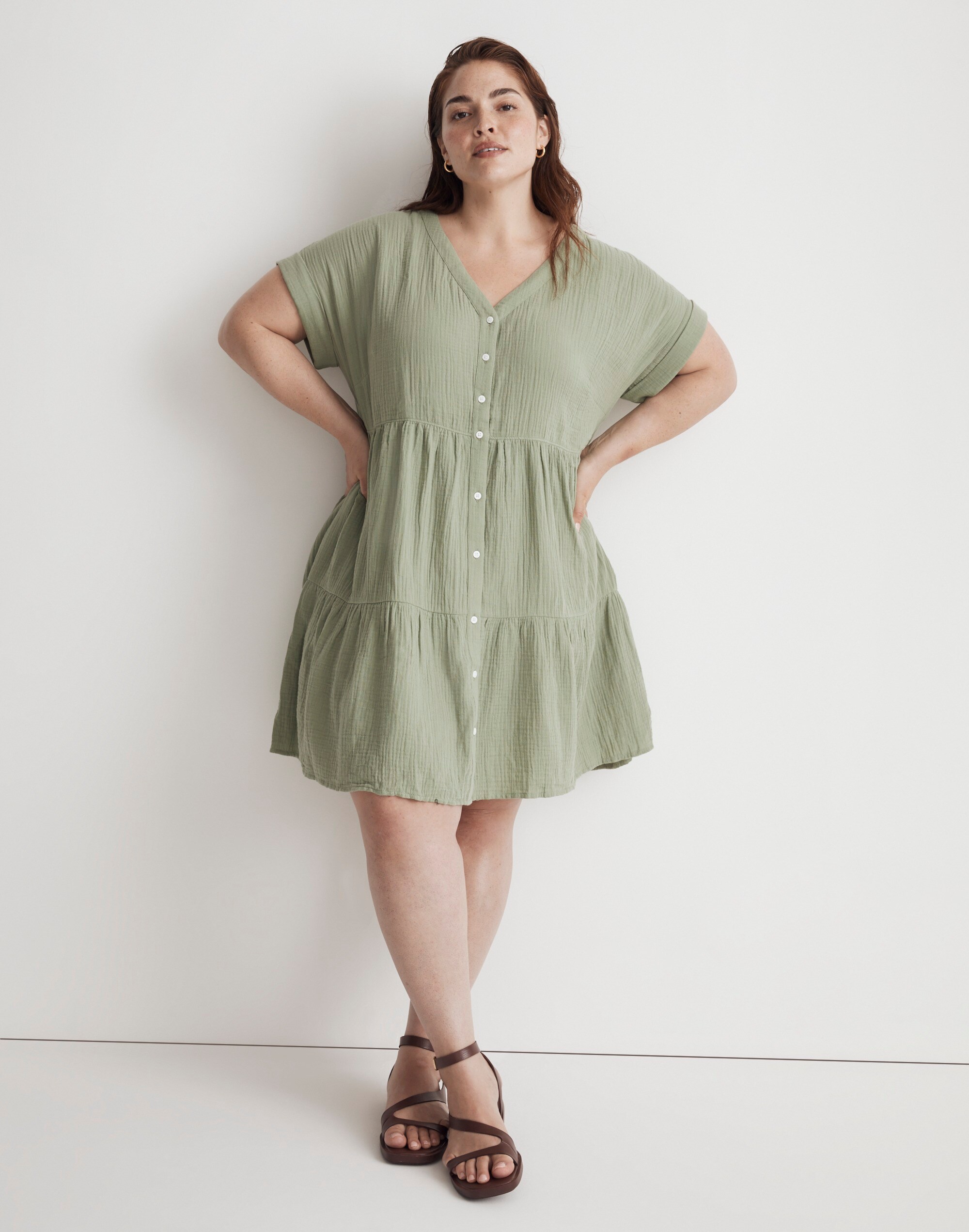 Plus Lightspun Cuff-Sleeve Button-Front Tiered Mini Dress