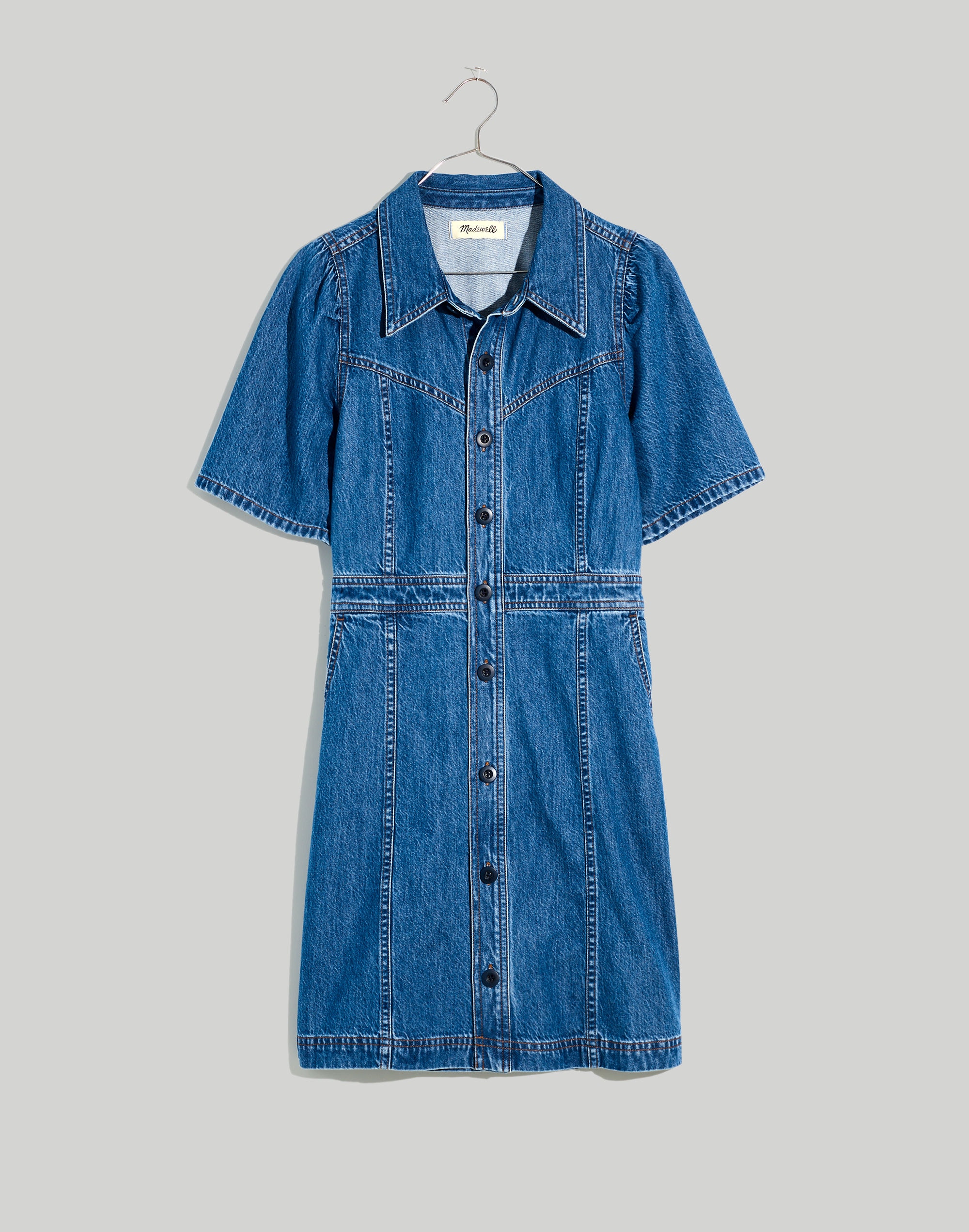 Denim Puff-Sleeve Mini Dress in Stonehaven Wash