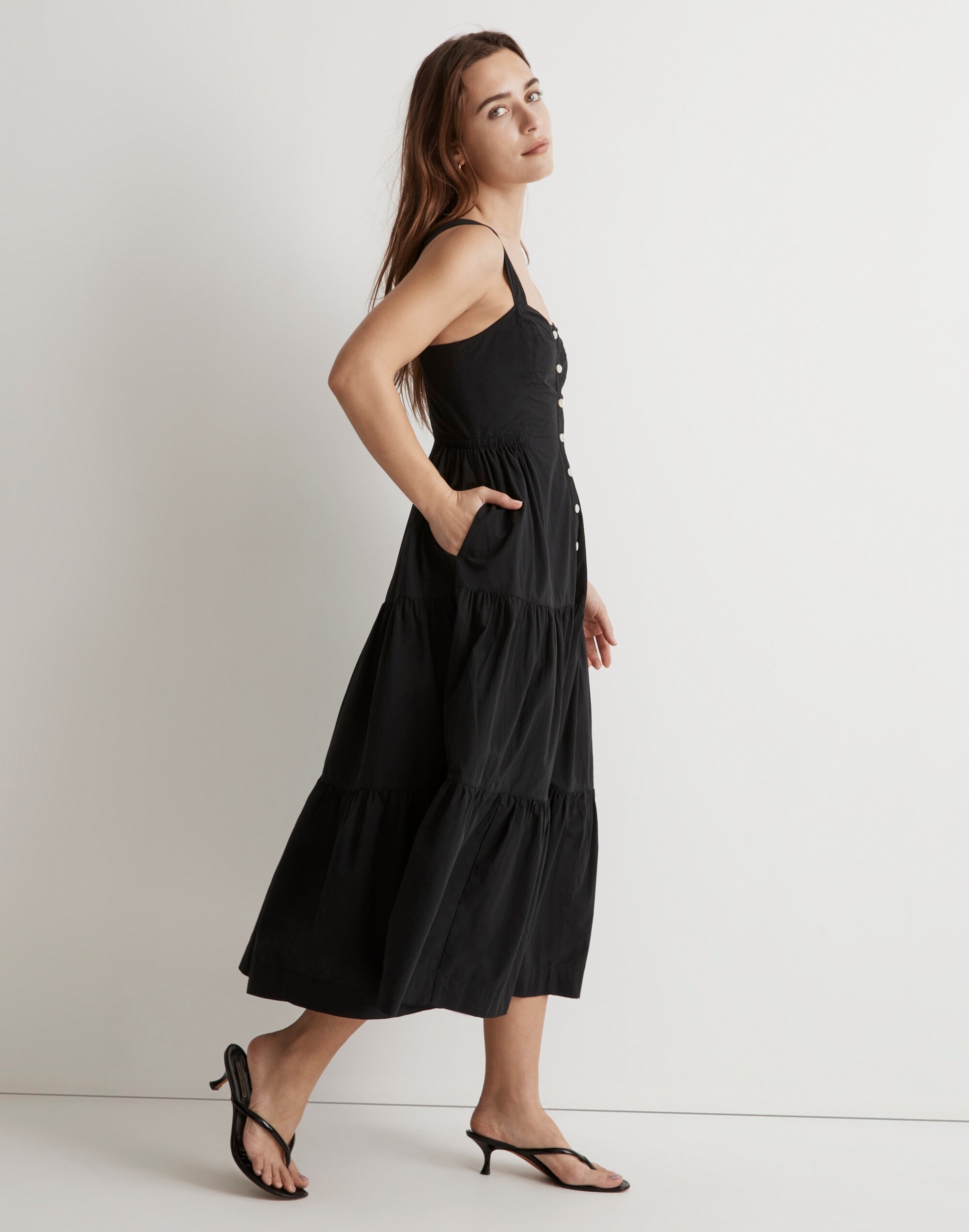 Button-Front Tiered Midi Dress