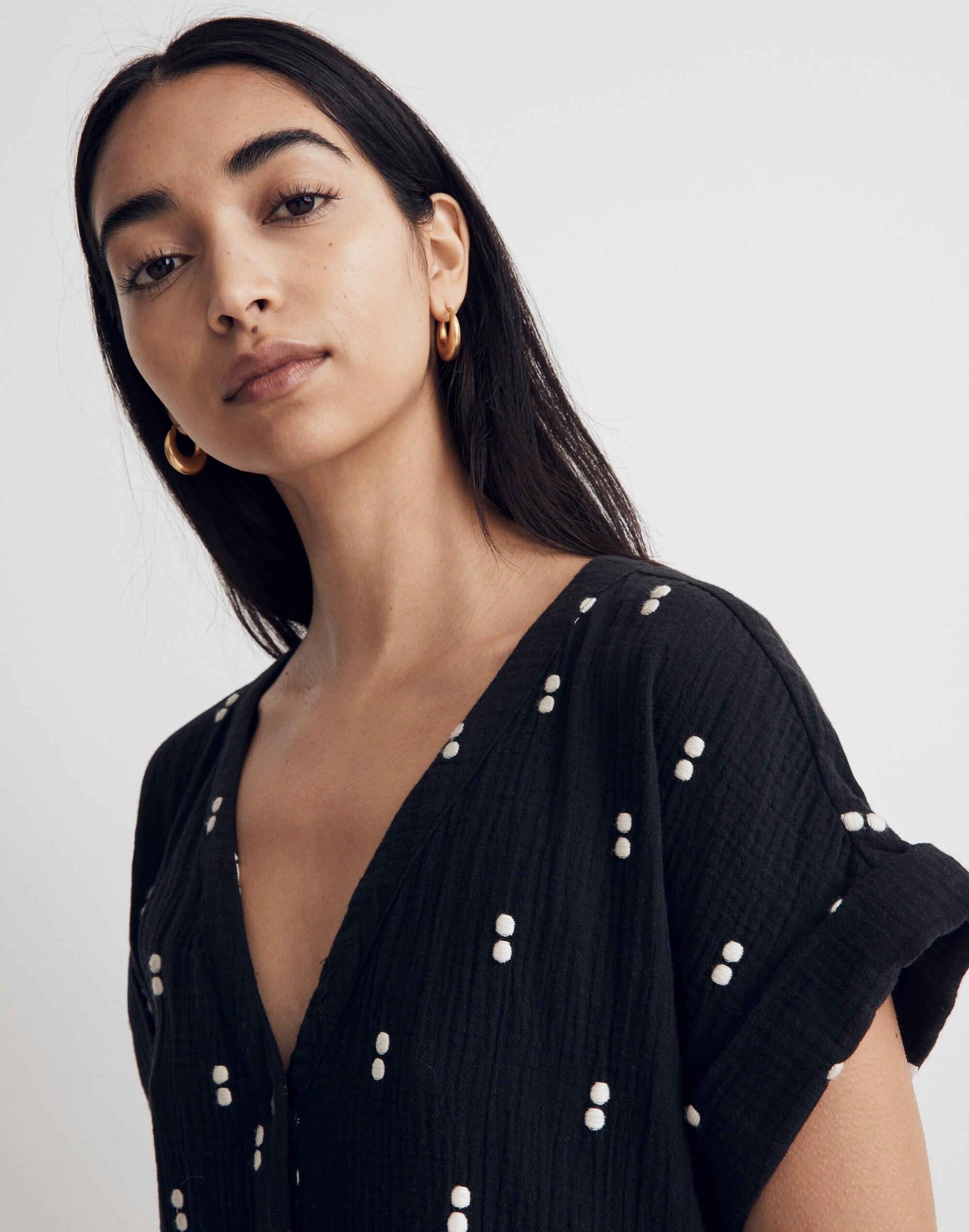 Lightspun Cuff-Sleeve Button-Front Tiered Mini Dress