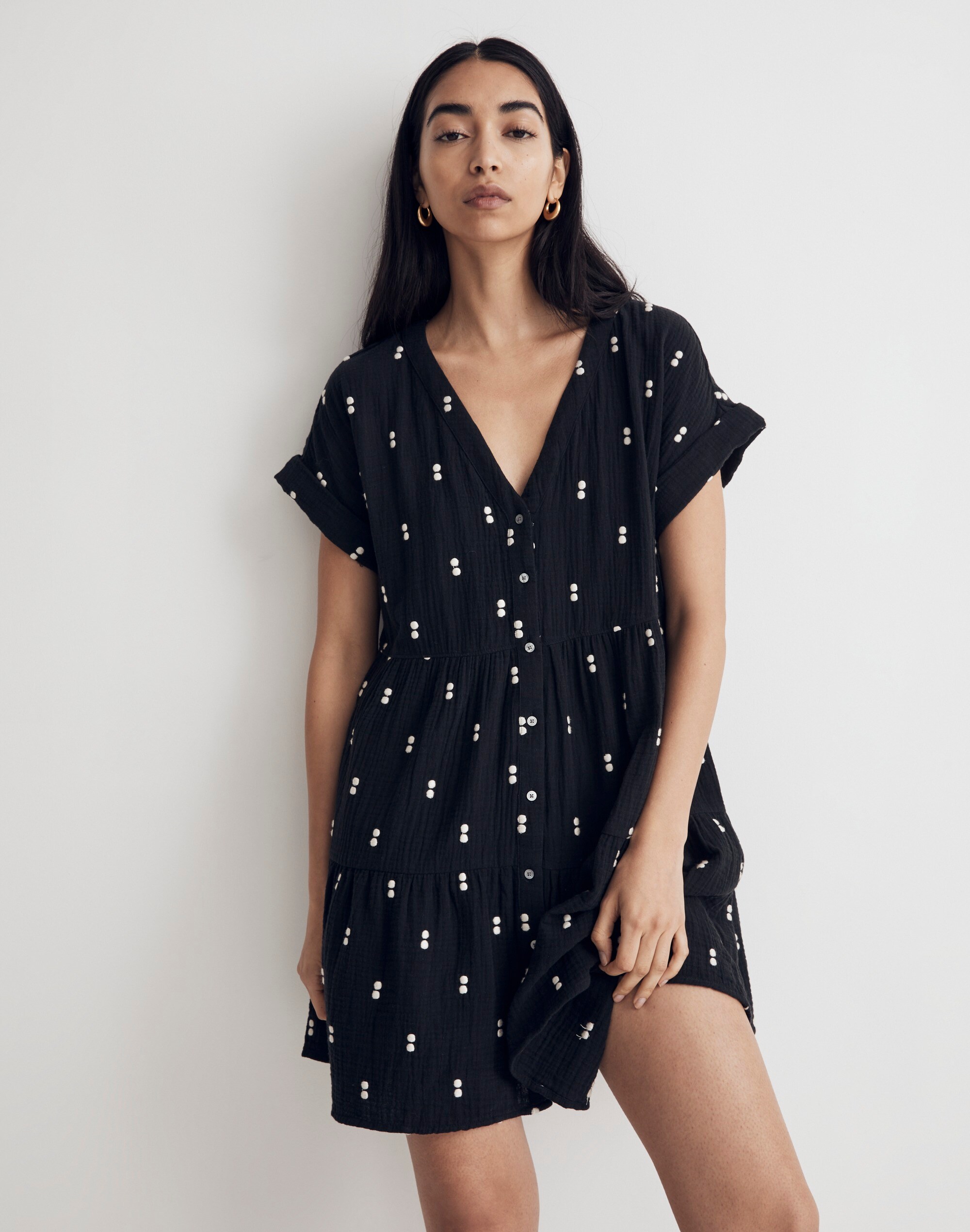 Lightspun Cuff-Sleeve Button-Front Tiered Mini Dress