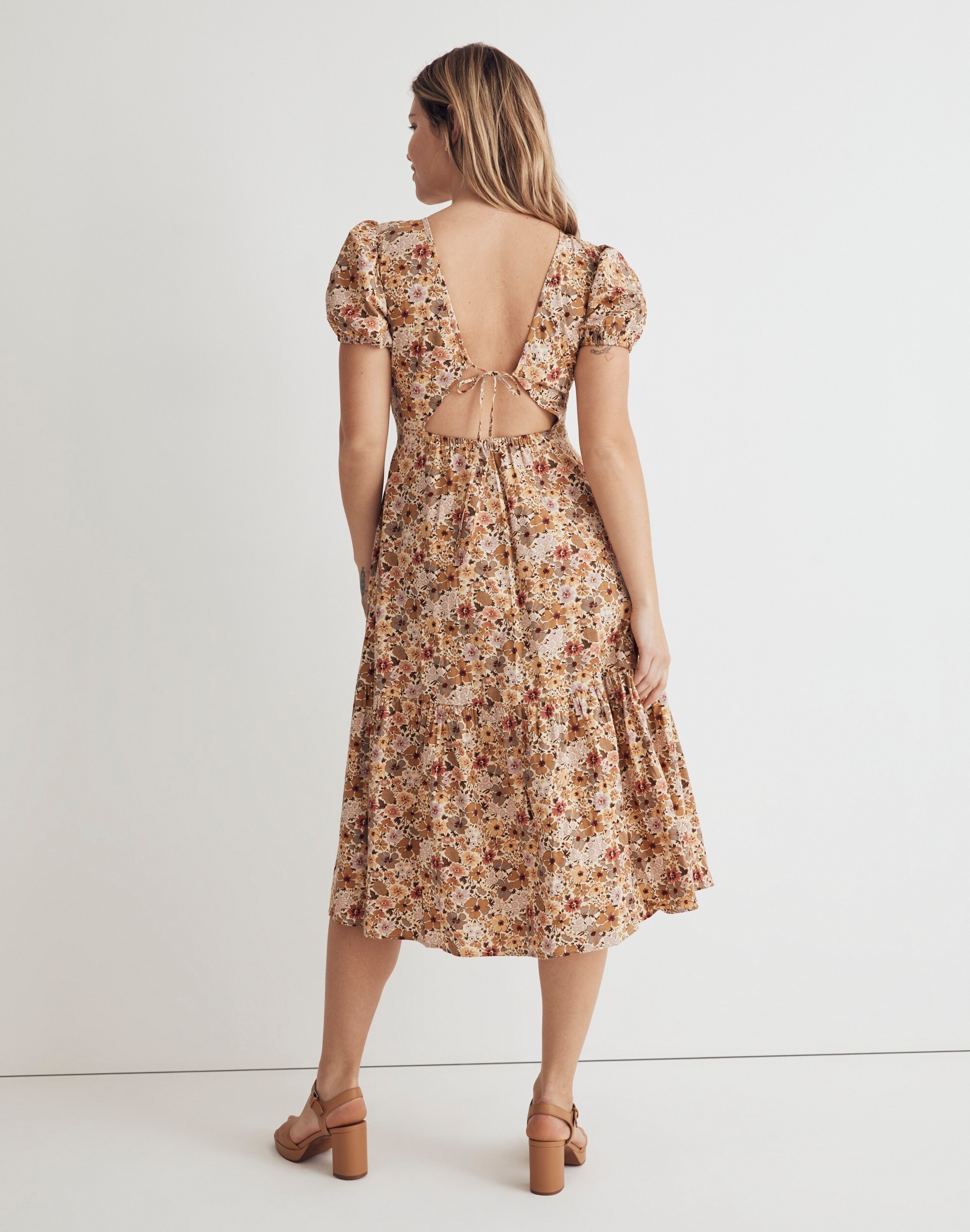 Puff-Sleeve Open-Back Midi Dress in Flora Field