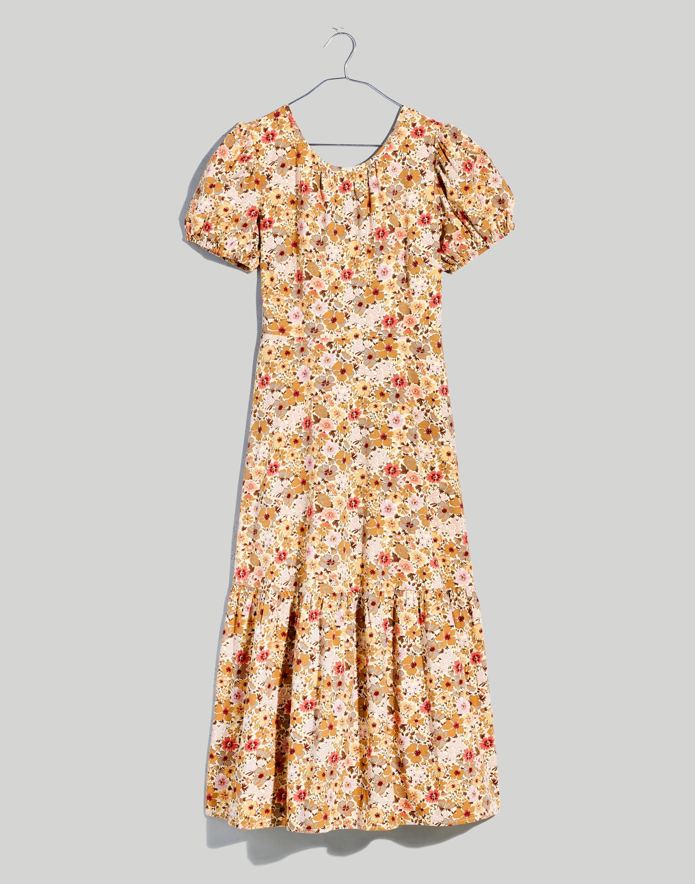 Puff-Sleeve Open-Back Midi Dress in Flora Field