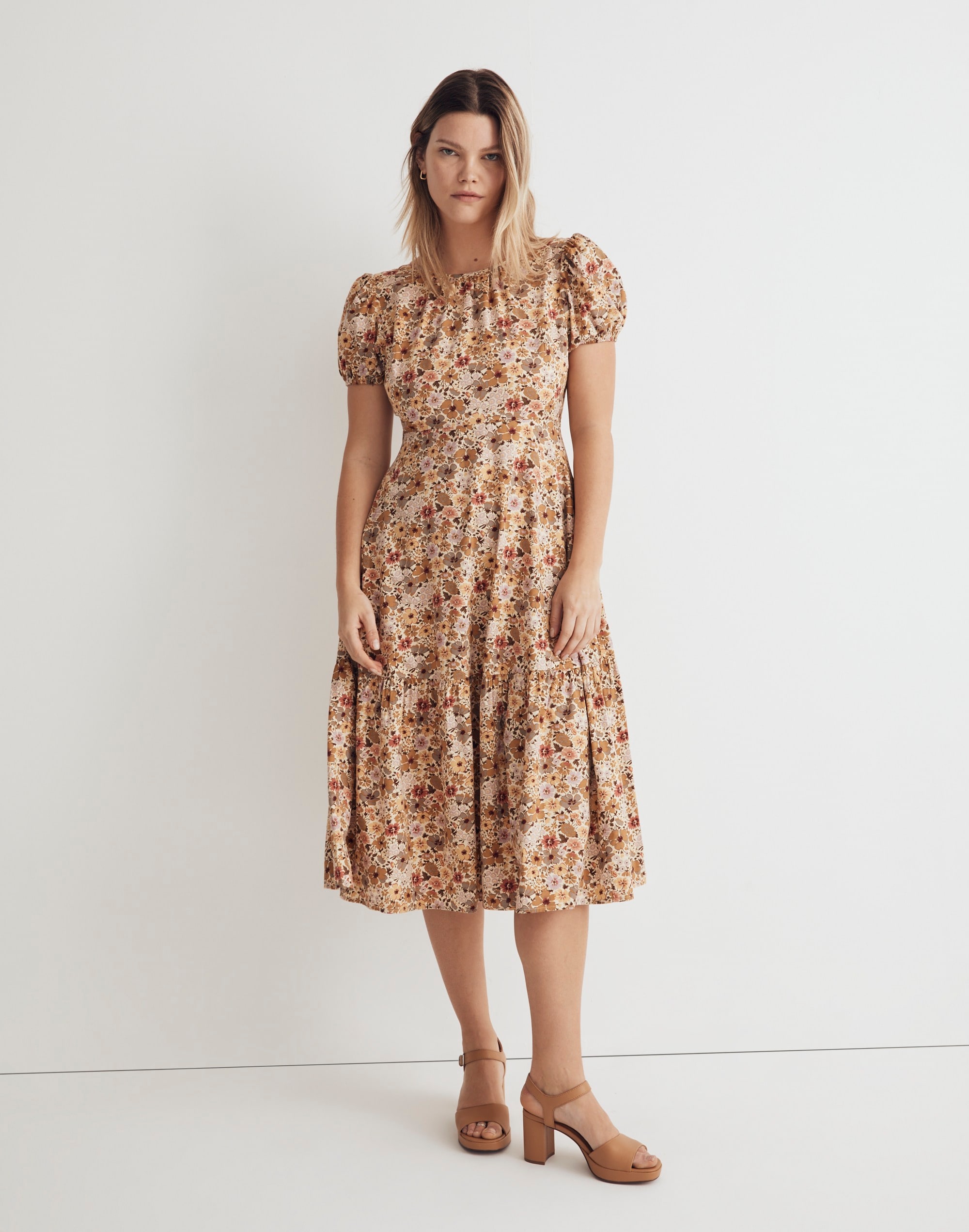 puff-sleeve open-back midi dress in flora field