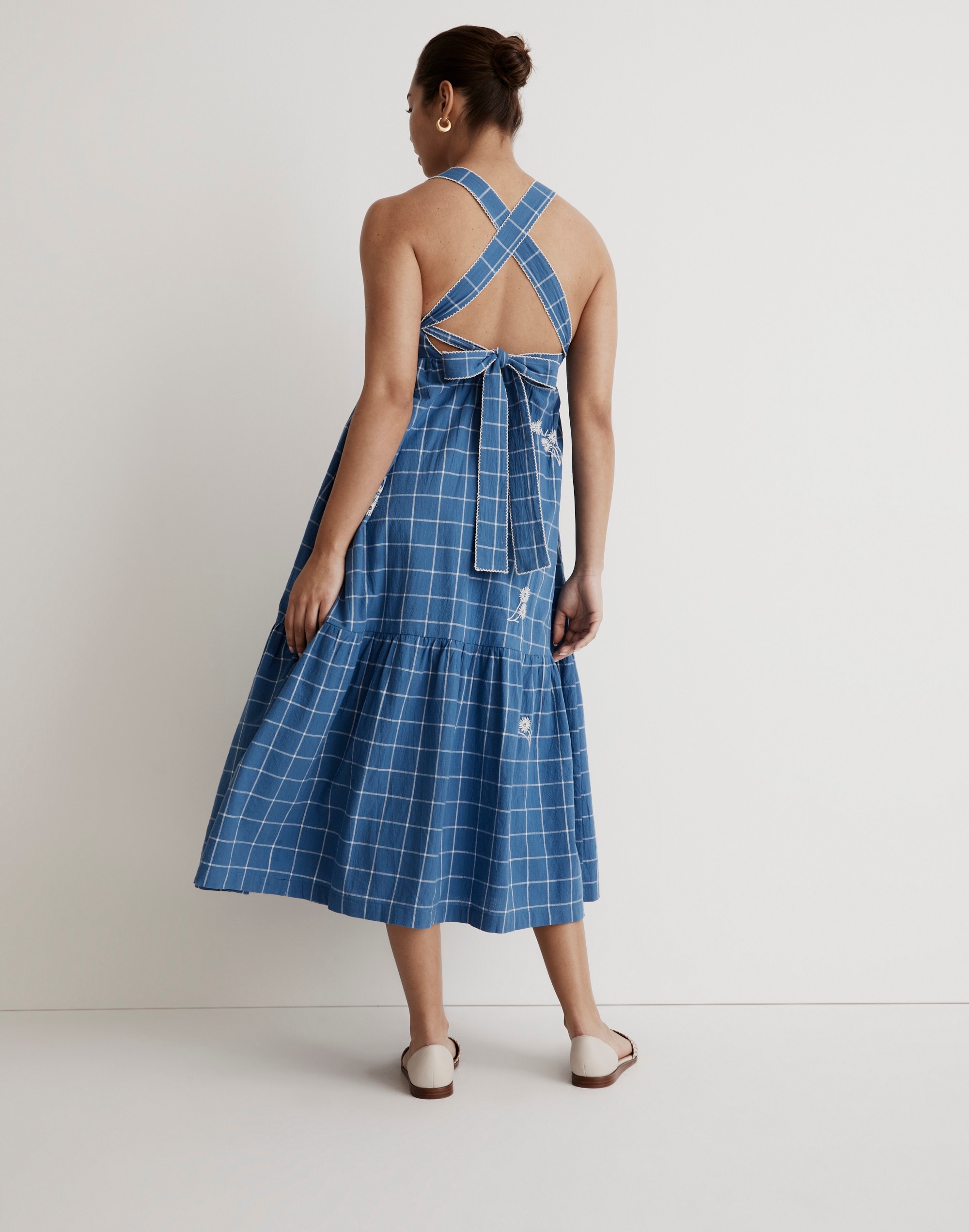 Petite Embroidered Cicely Tiered Midi Dress in Plaid