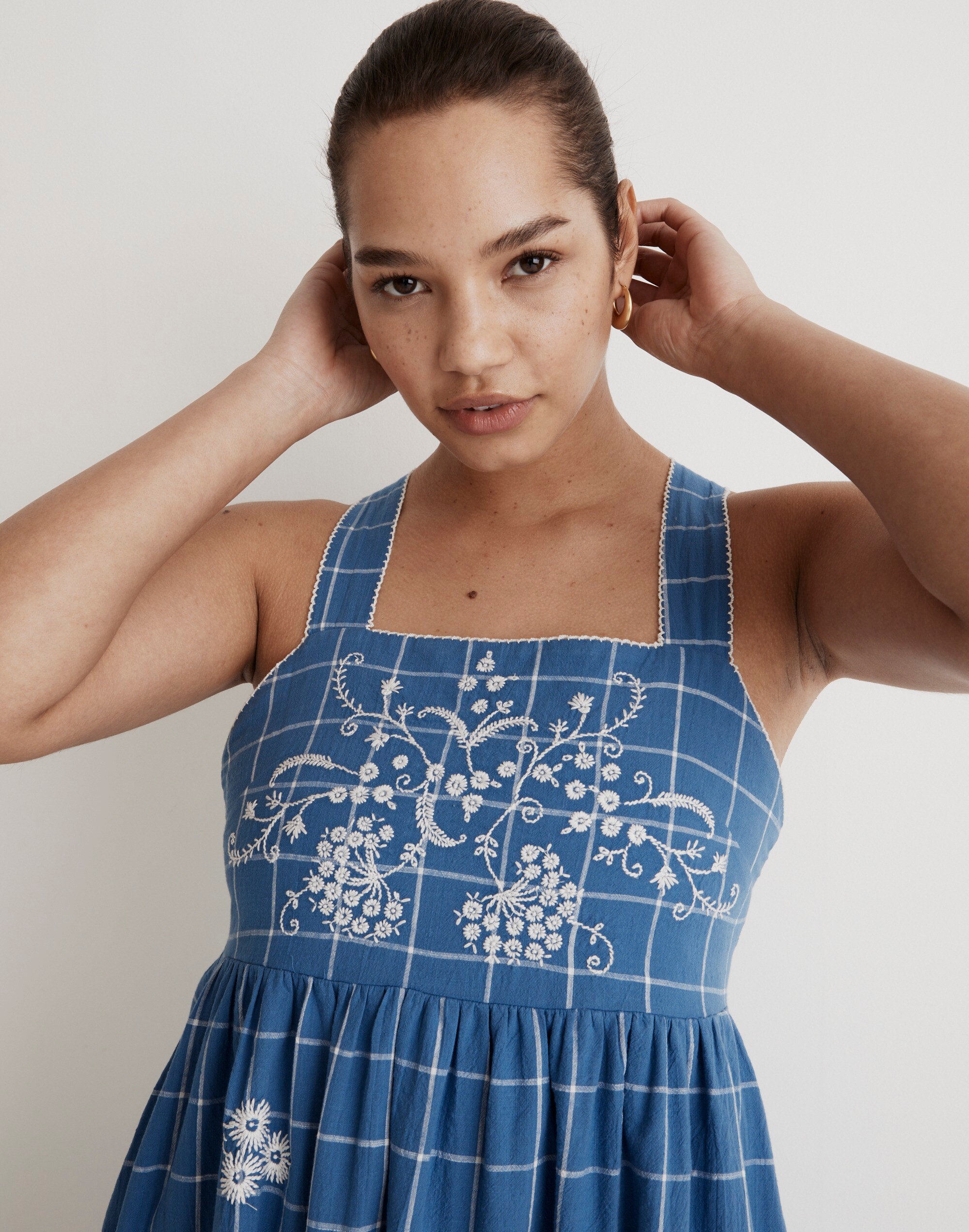 Petite Embroidered Cicely Tiered Midi Dress in Plaid