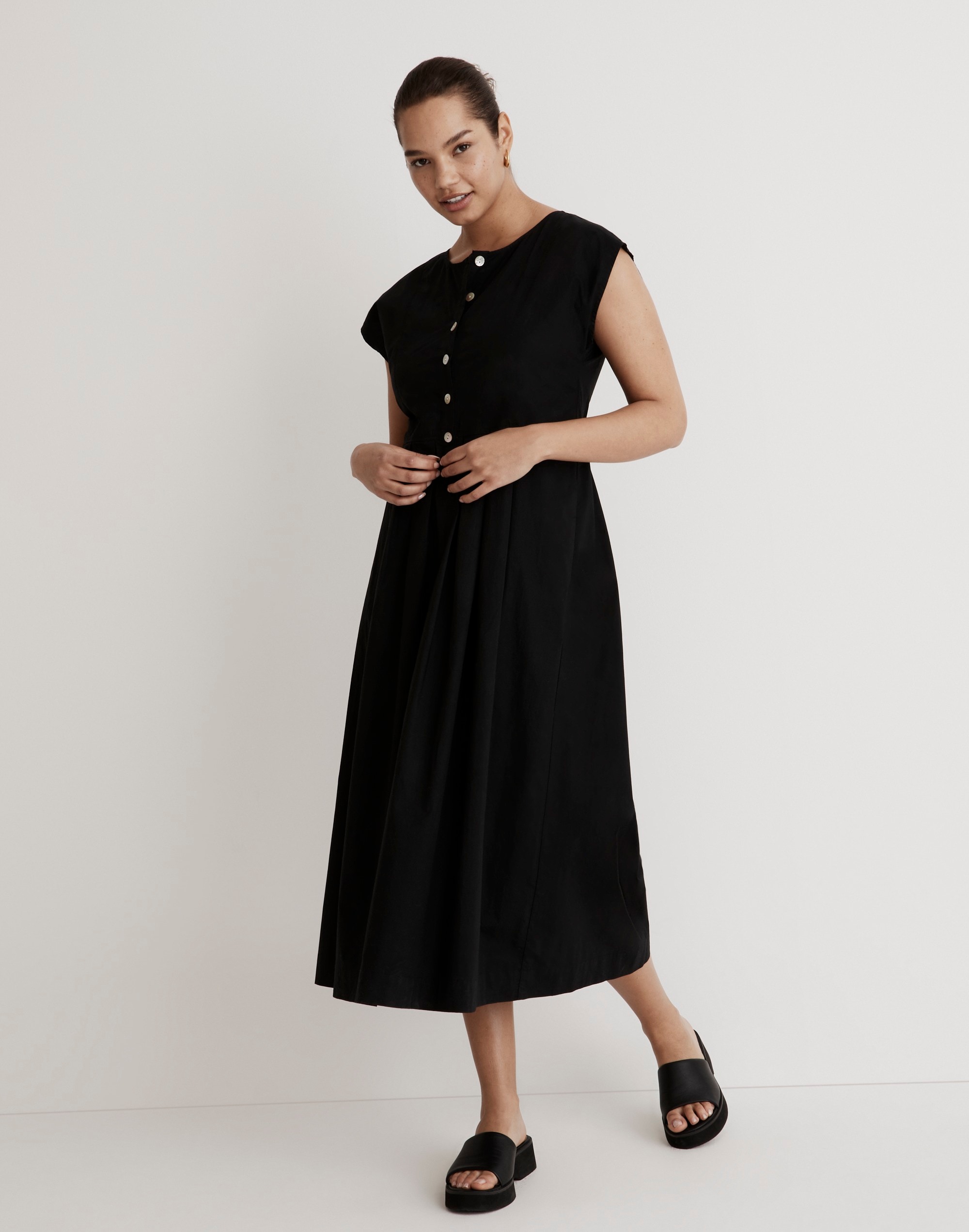 poplin button-front midi dress