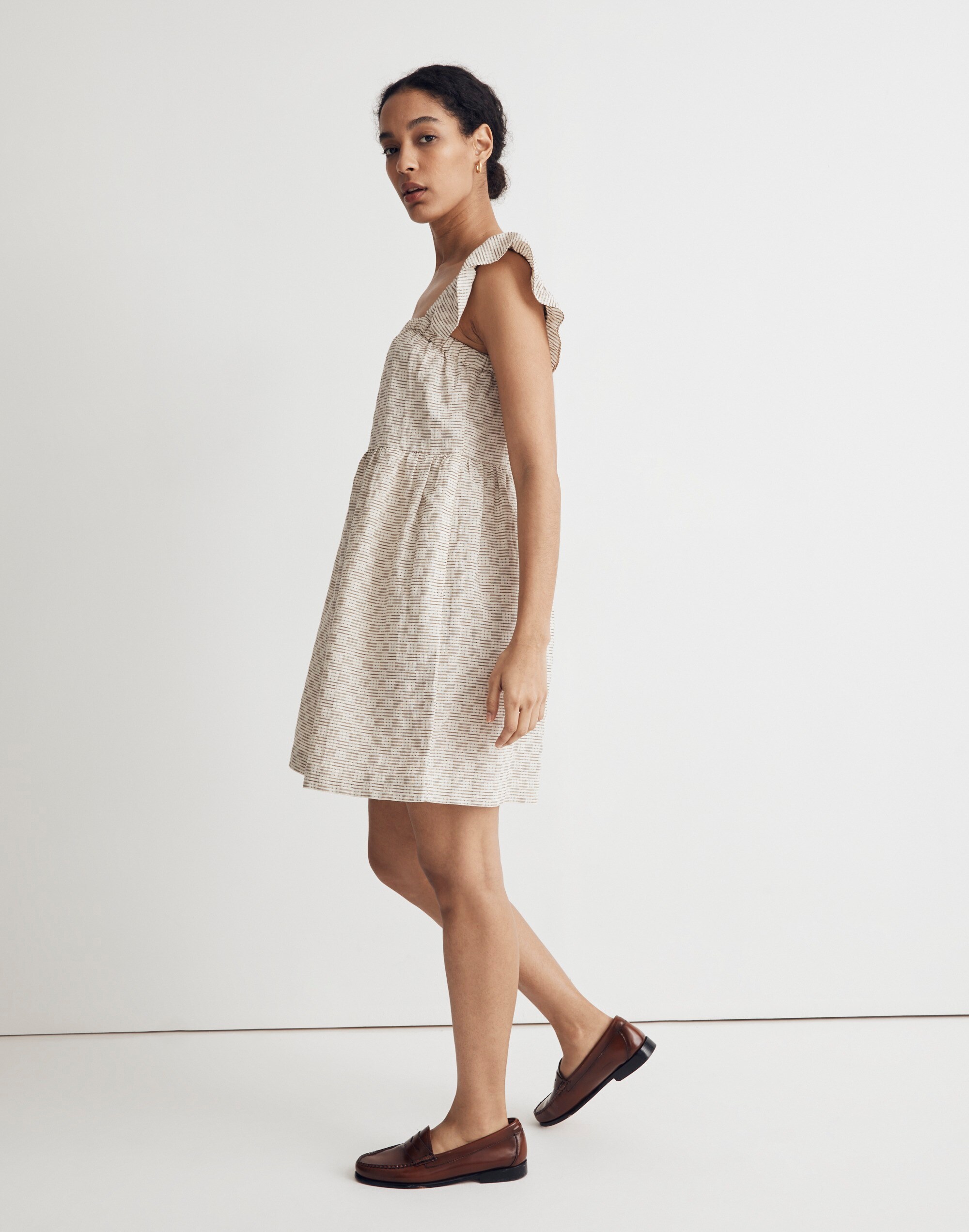 Flutter-Sleeve Square-Neck Mini Dress in Striped Jacquard