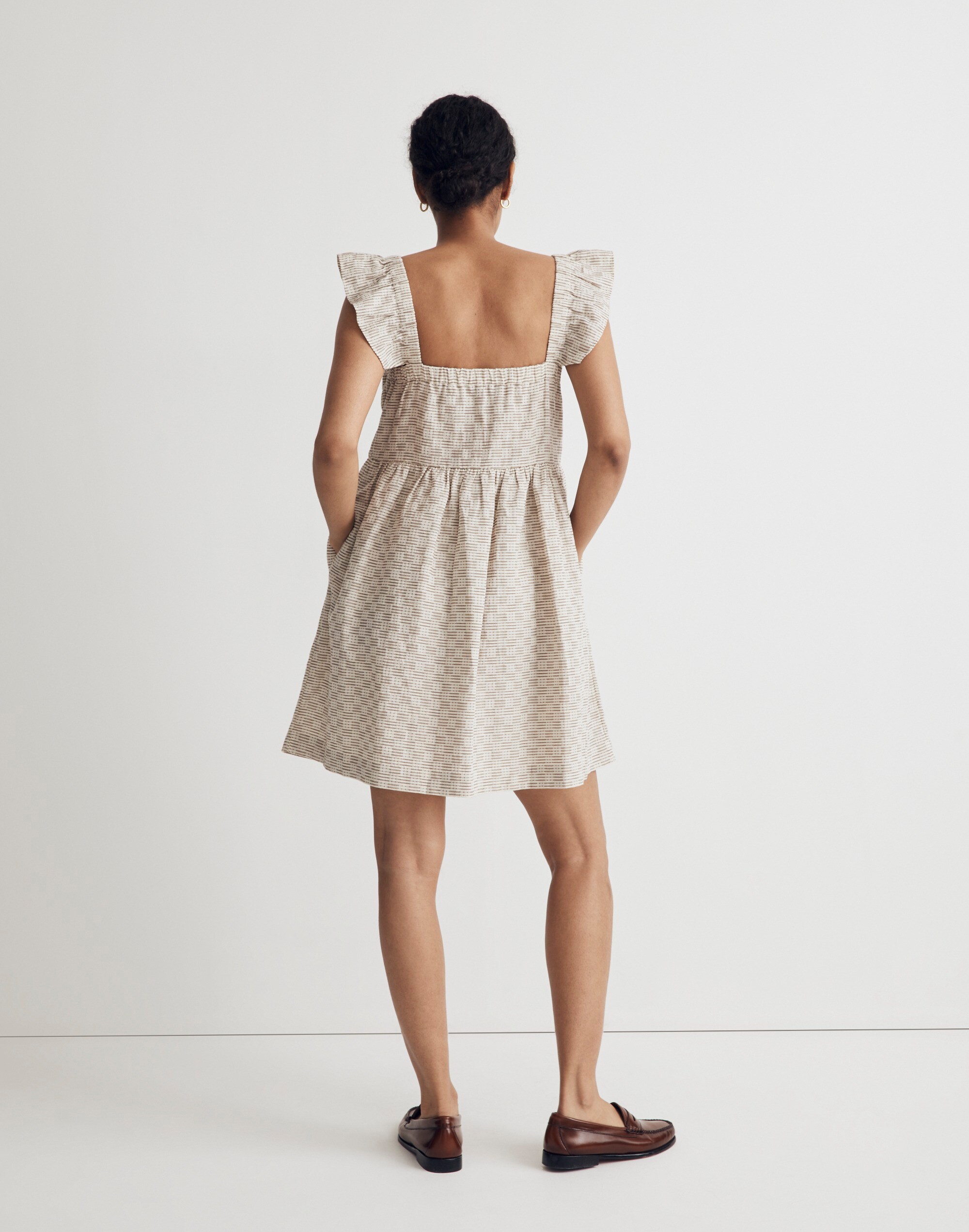 Flutter-Sleeve Square-Neck Mini Dress in Striped Jacquard