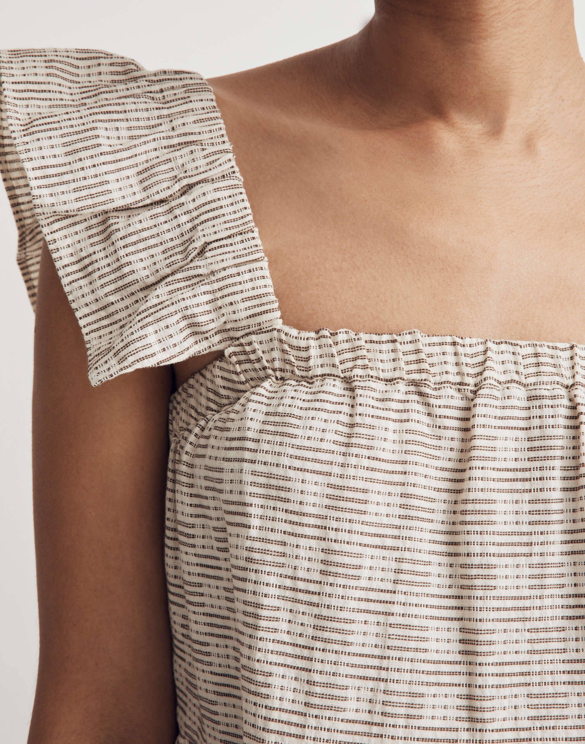 Flutter-Sleeve Square-Neck Mini Dress in Striped Jacquard