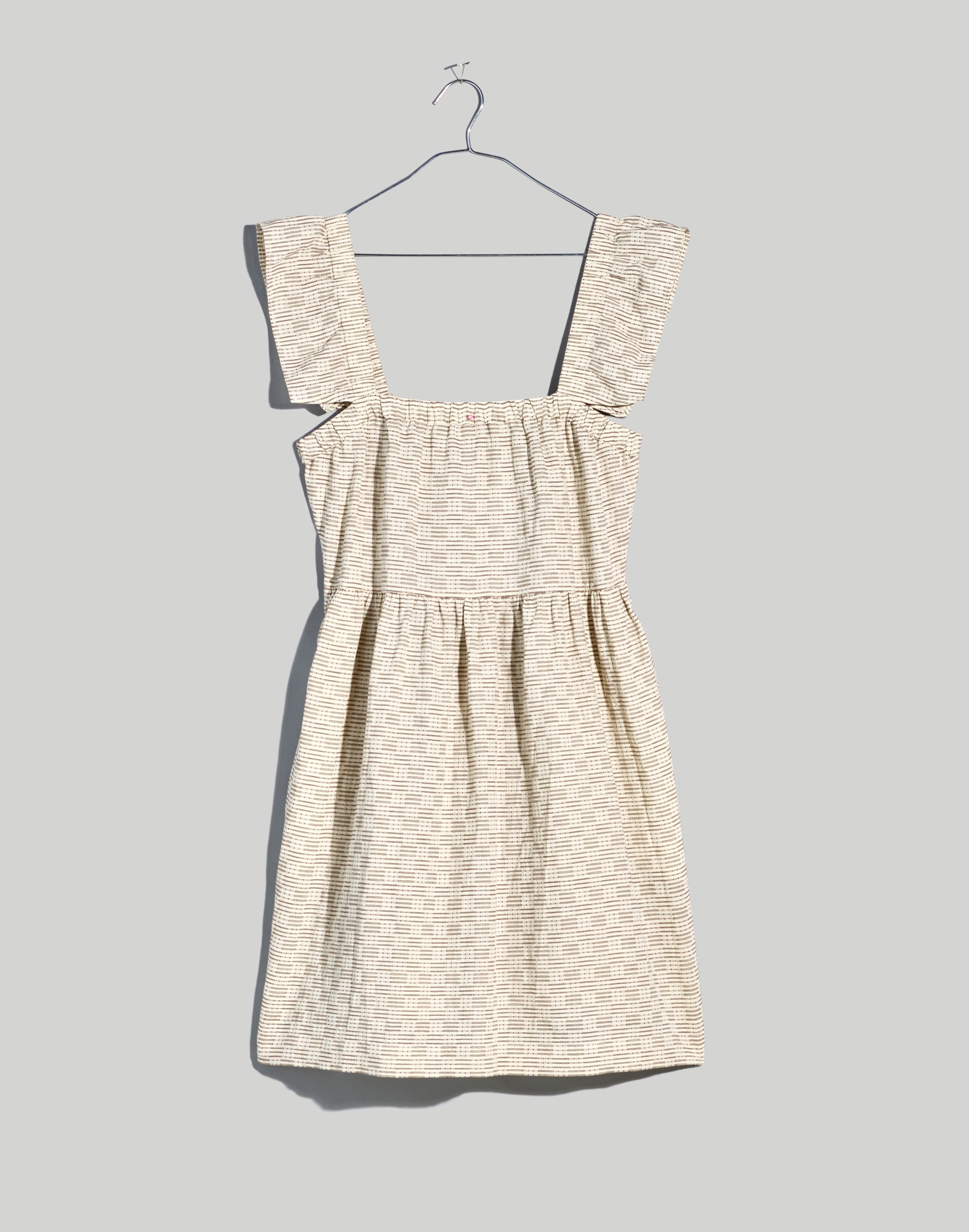 Flutter-Sleeve Square-Neck Mini Dress in Striped Jacquard