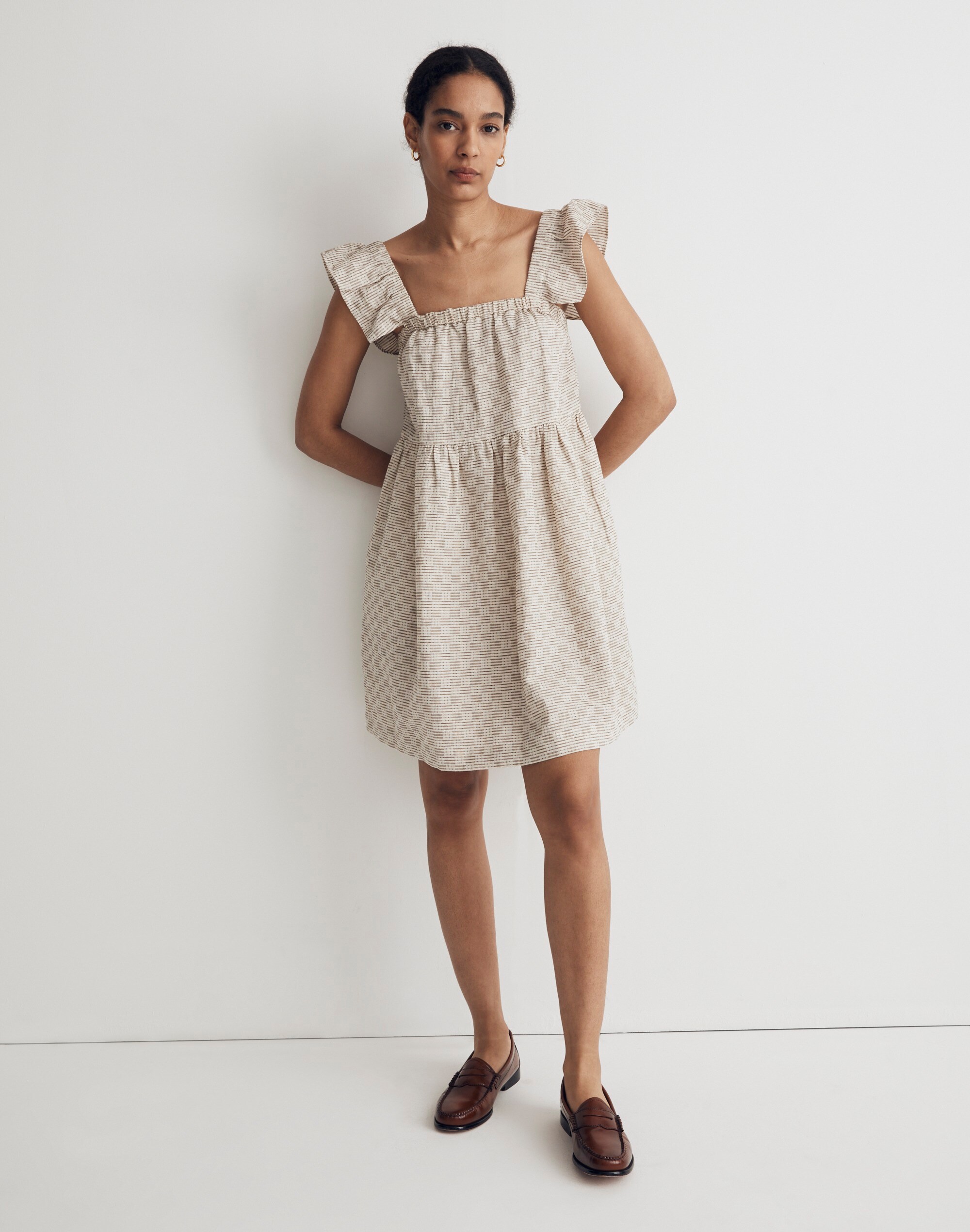 Flutter-Sleeve Square-Neck Mini Dress in Striped Jacquard