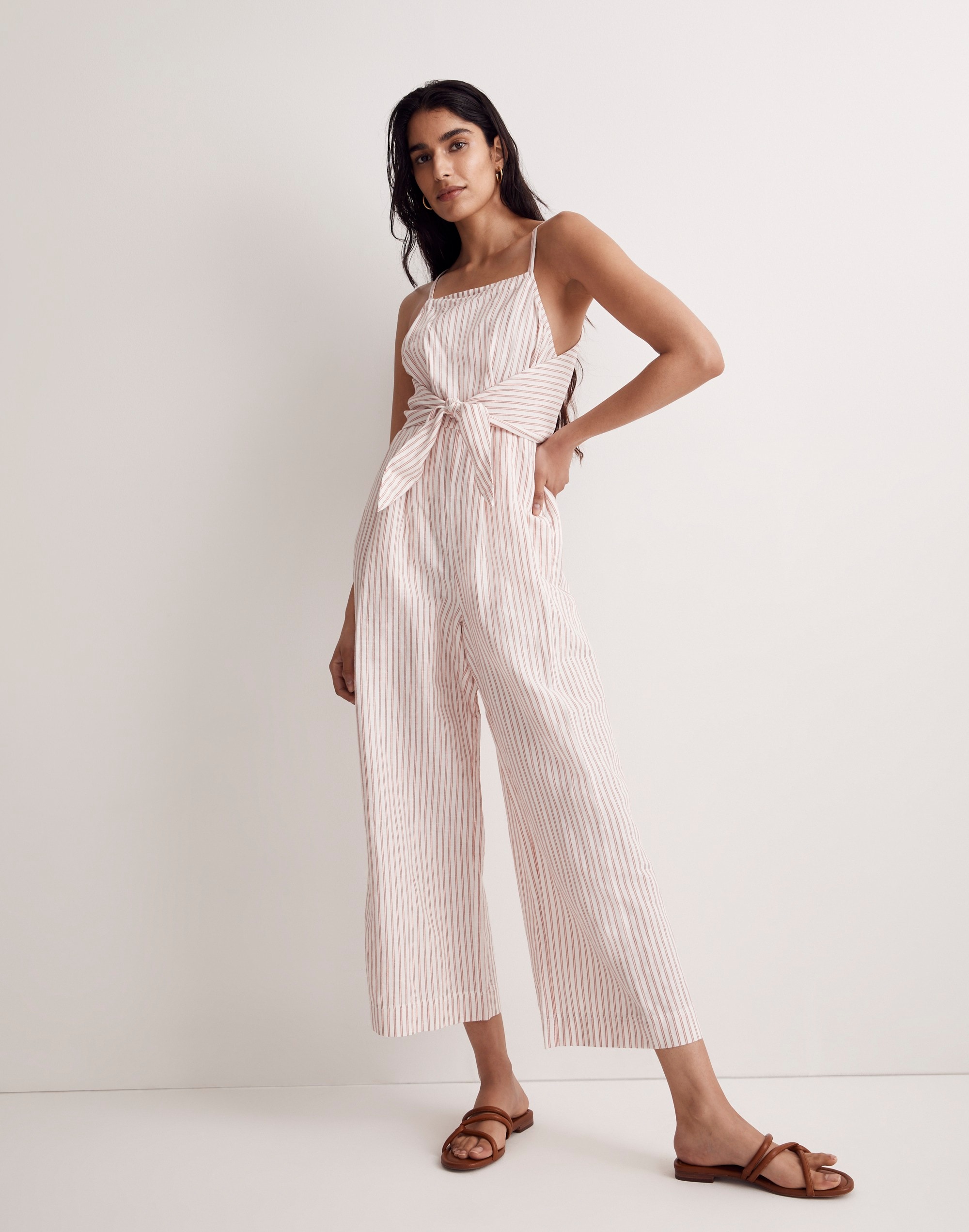 Tie-Waist Crop Wide-Leg Jumpsuit in Stripe