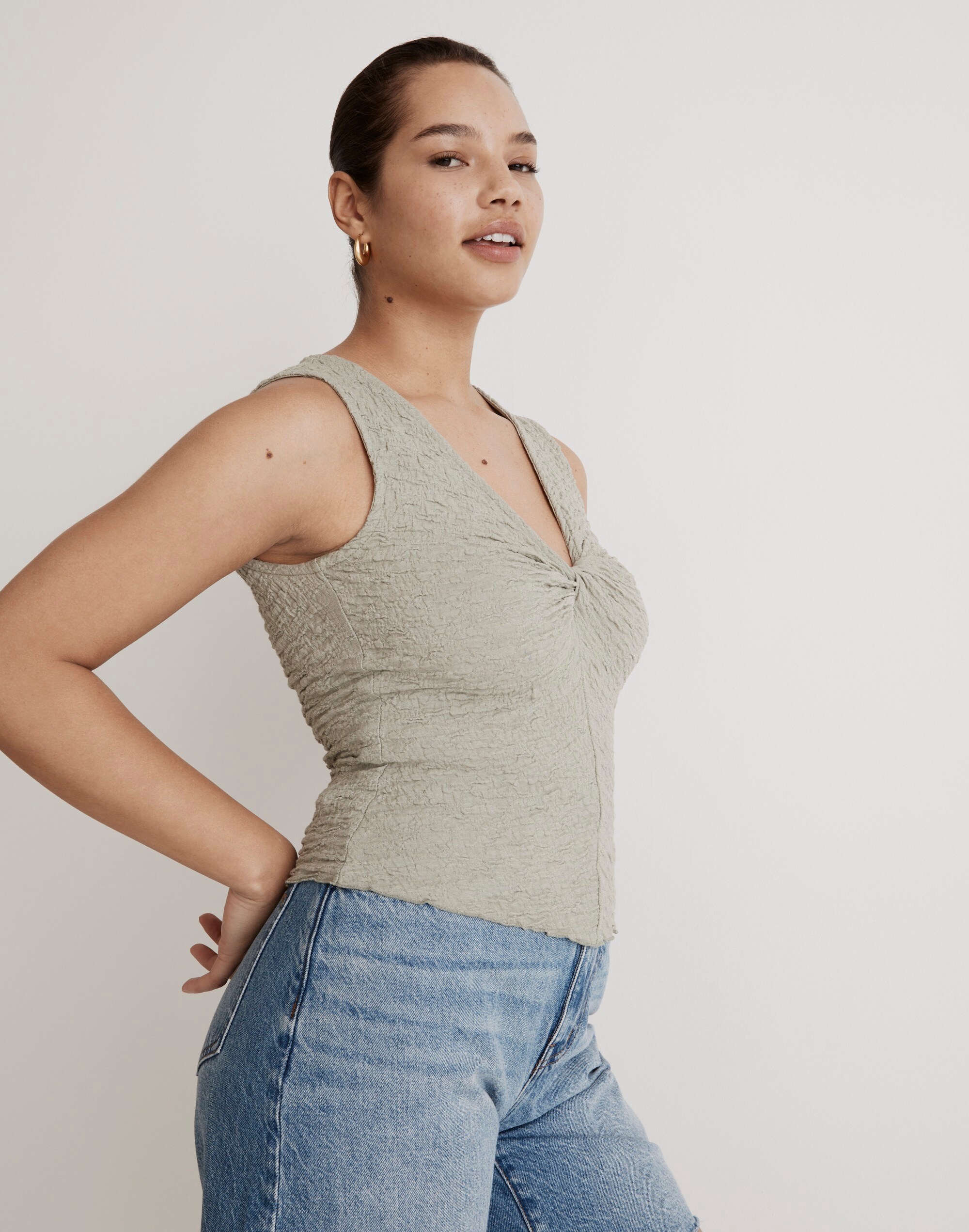 Popcorn-Knit Twist-Front Sleeveless Top