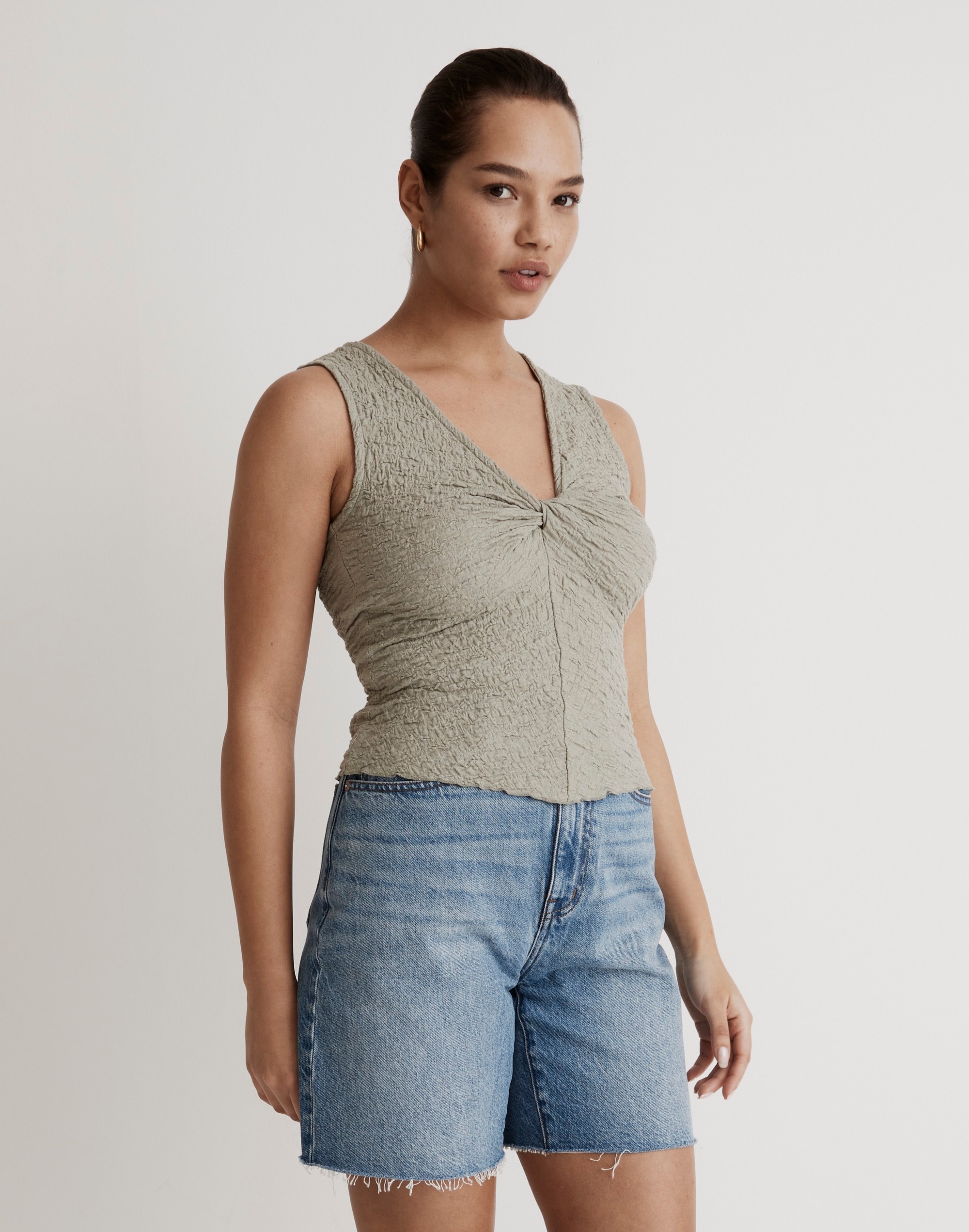 Popcorn-Knit Twist-Front Sleeveless Top
