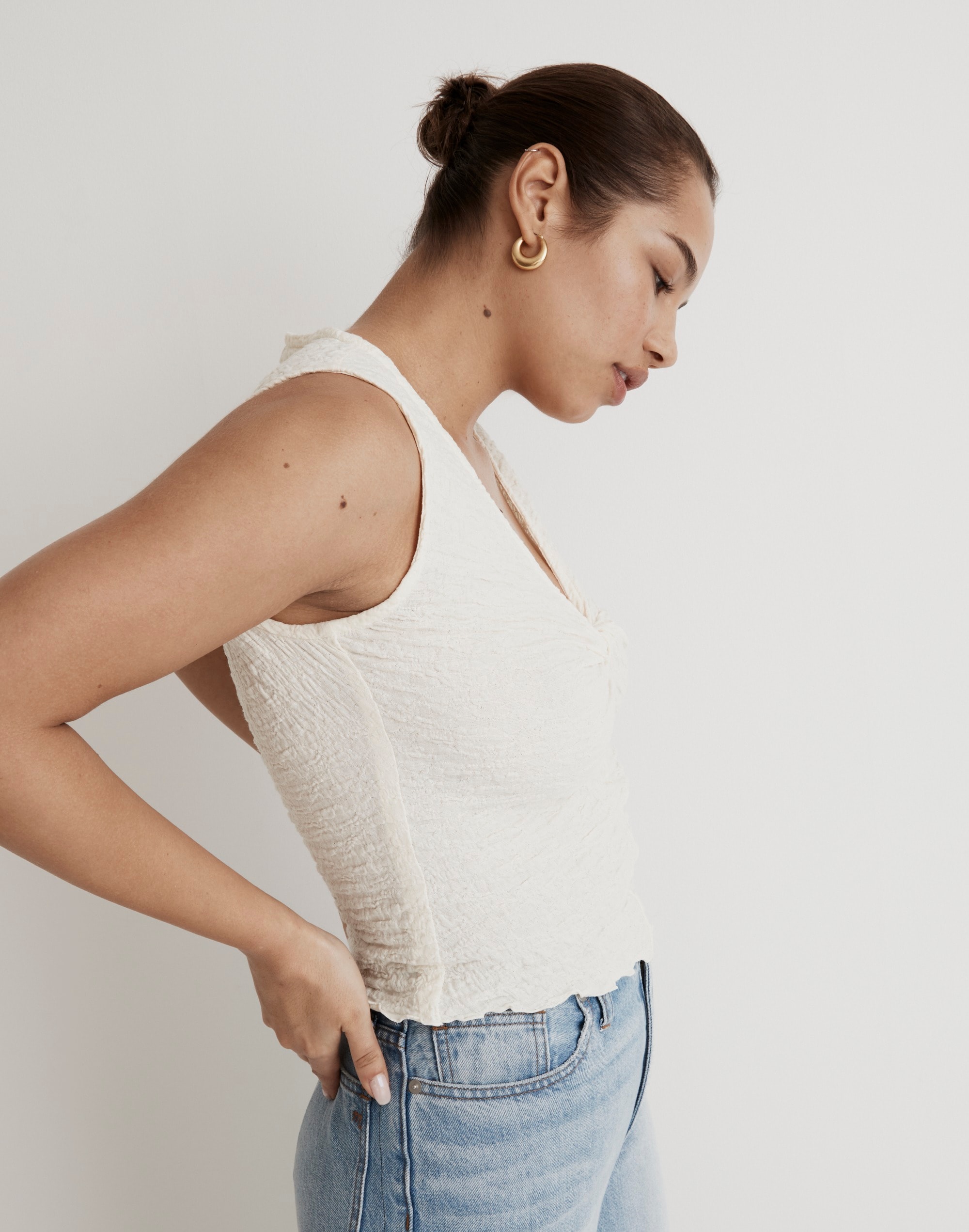Popcorn-Knit Twist-Front Sleeveless Top