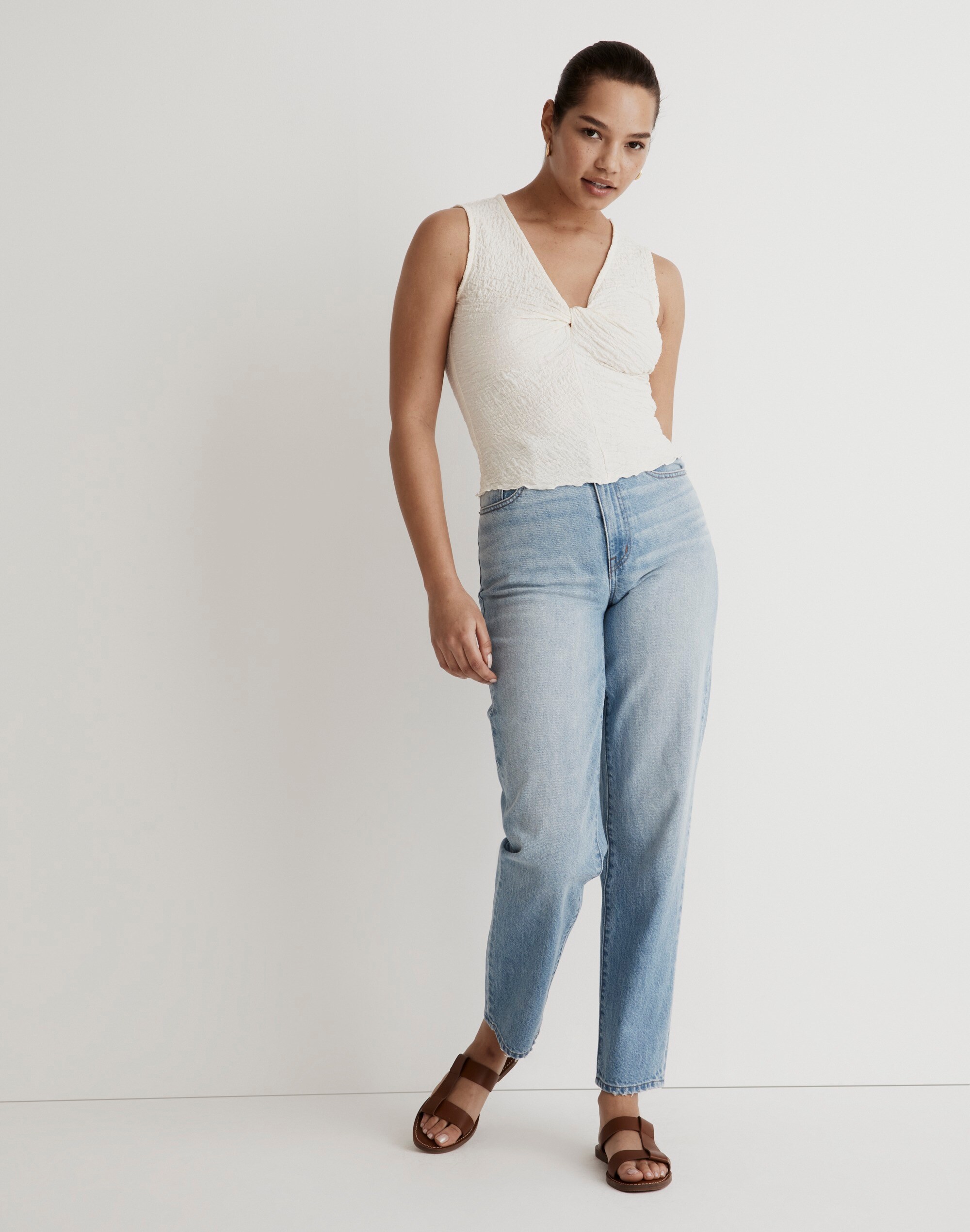 Popcorn-Knit Twist-Front Sleeveless Top