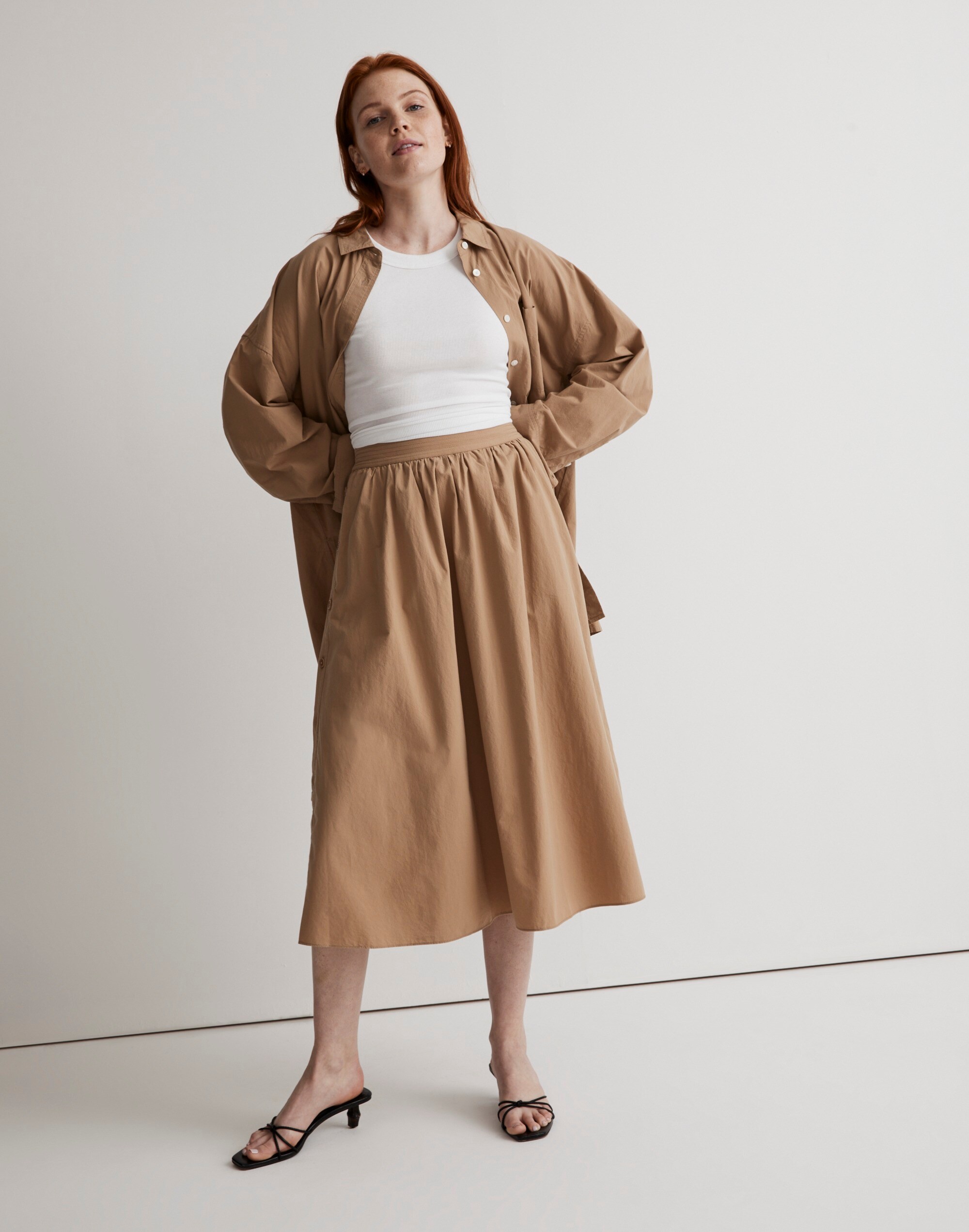 Signature Poplin Side-Button Midi Skirt