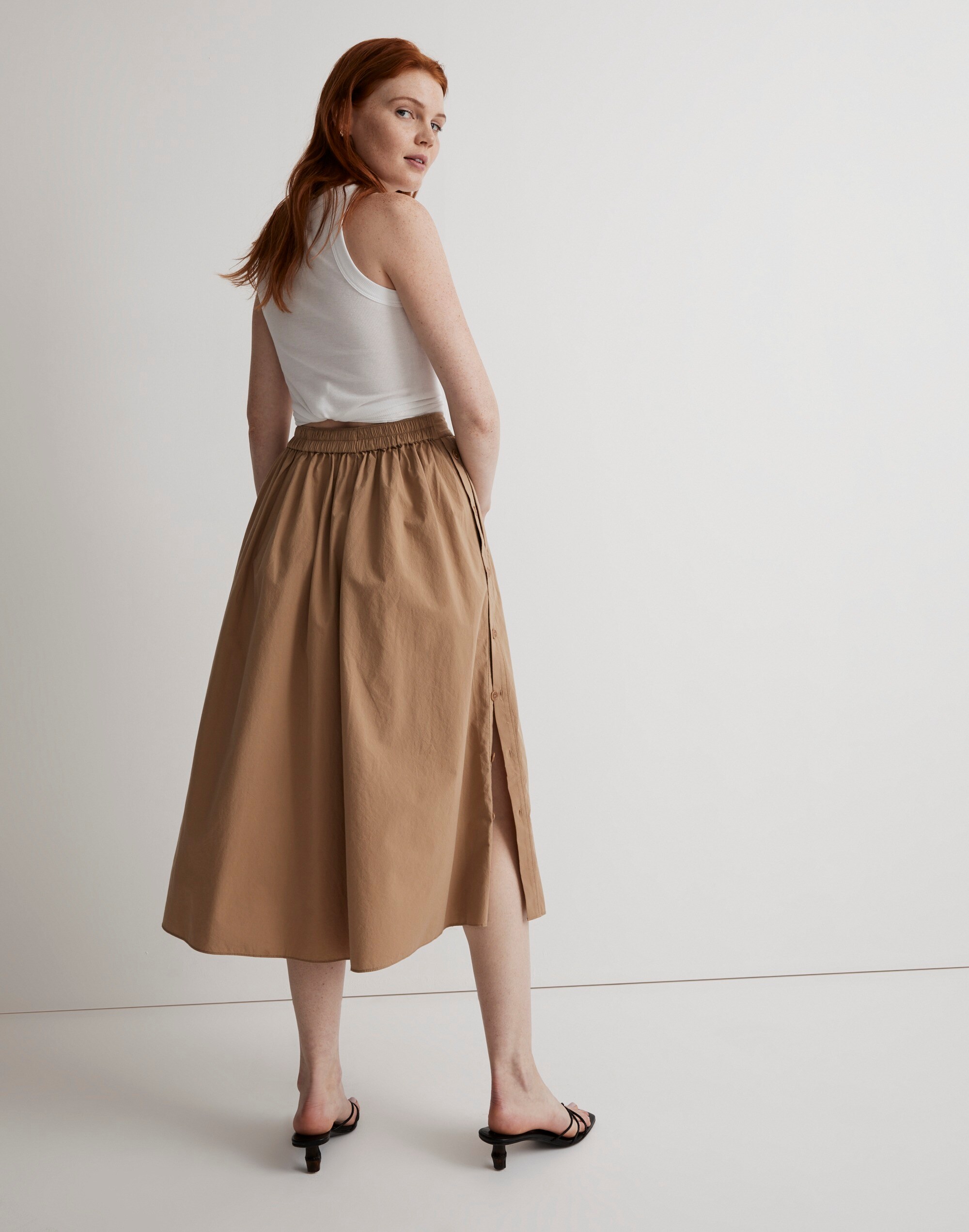 Signature Poplin Side-Button Midi Skirt