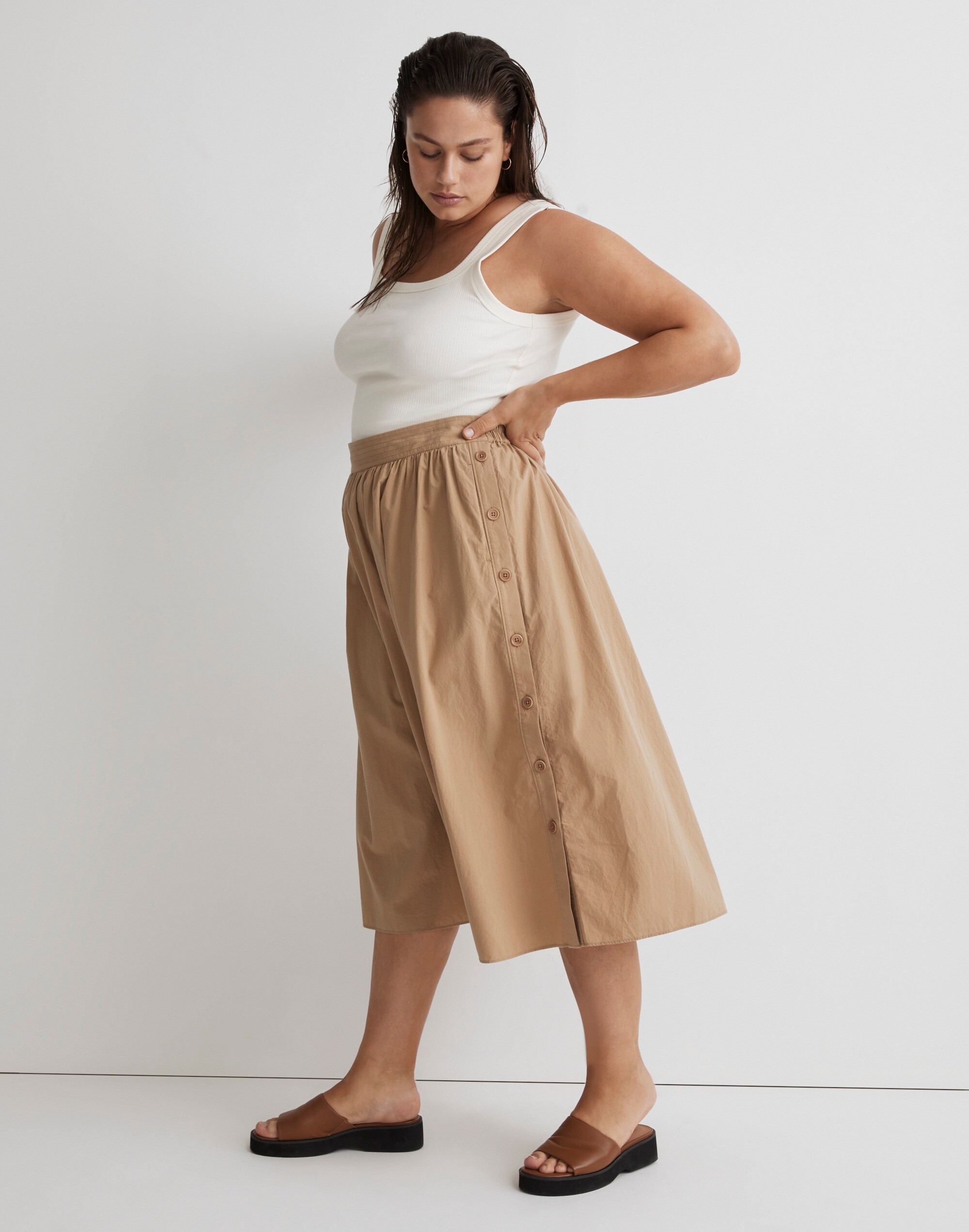Plus Signature Poplin Side-Button Midi Skirt