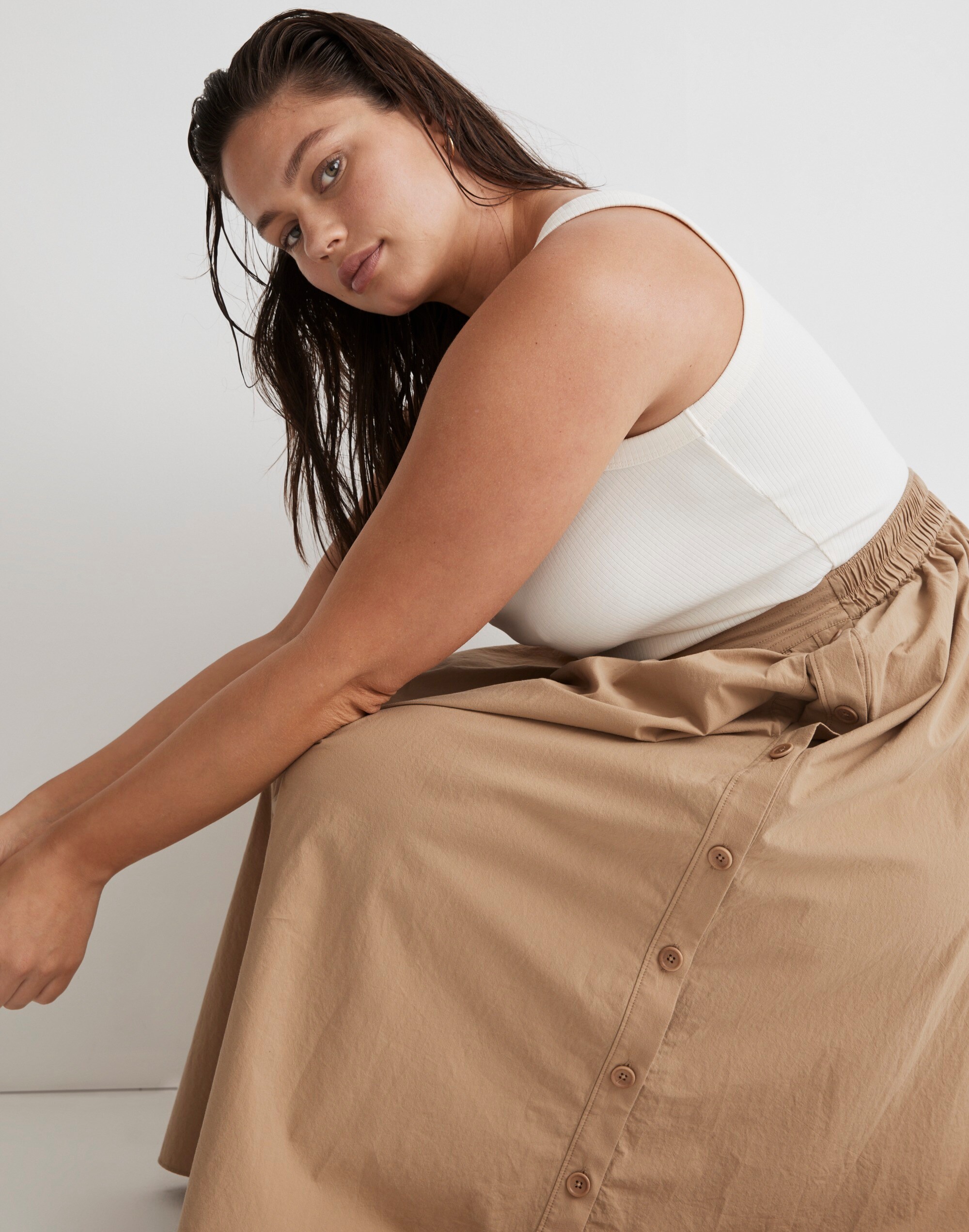 Plus Signature Poplin Side-Button Midi Skirt