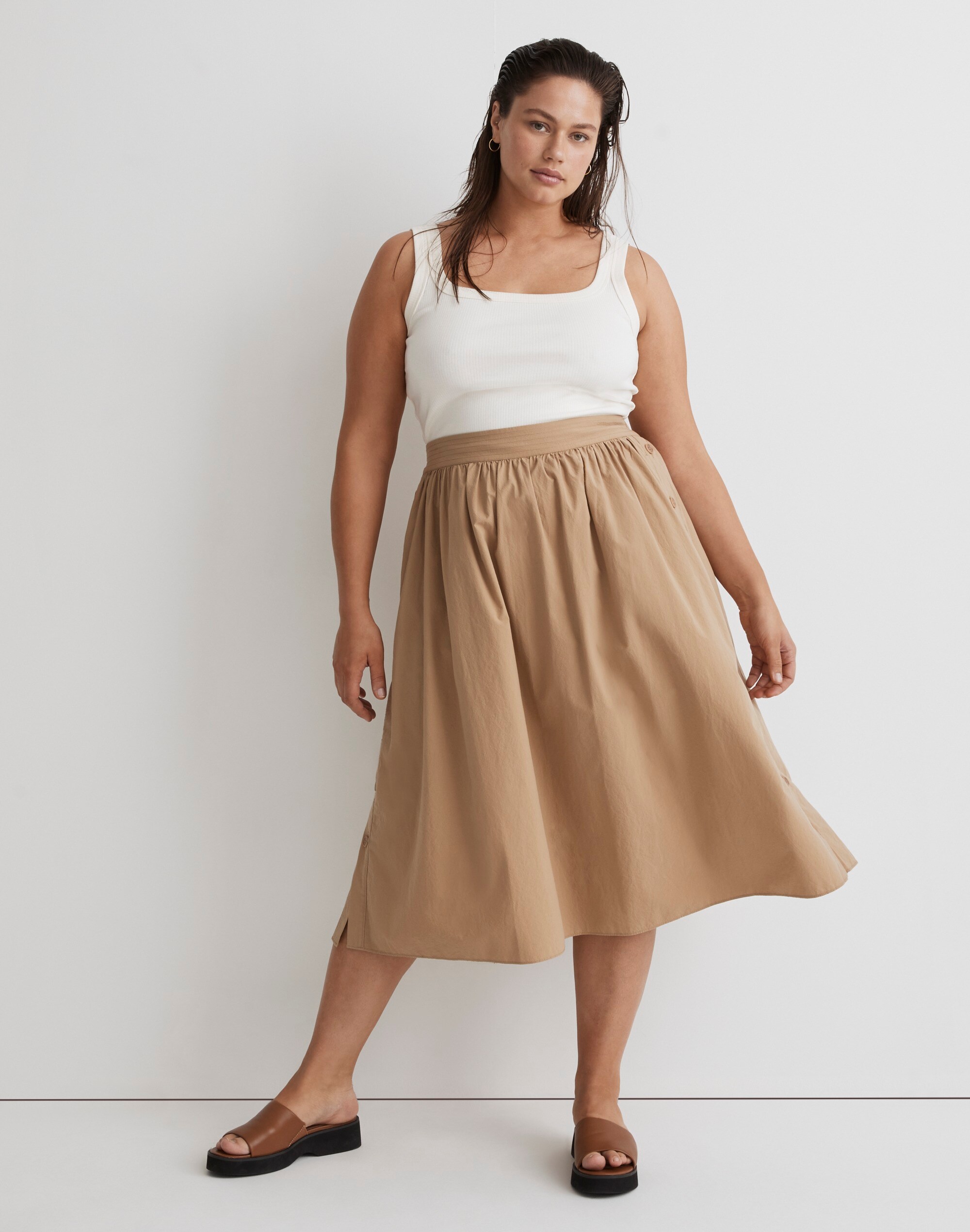 Plus Signature Poplin Side-Button Midi Skirt