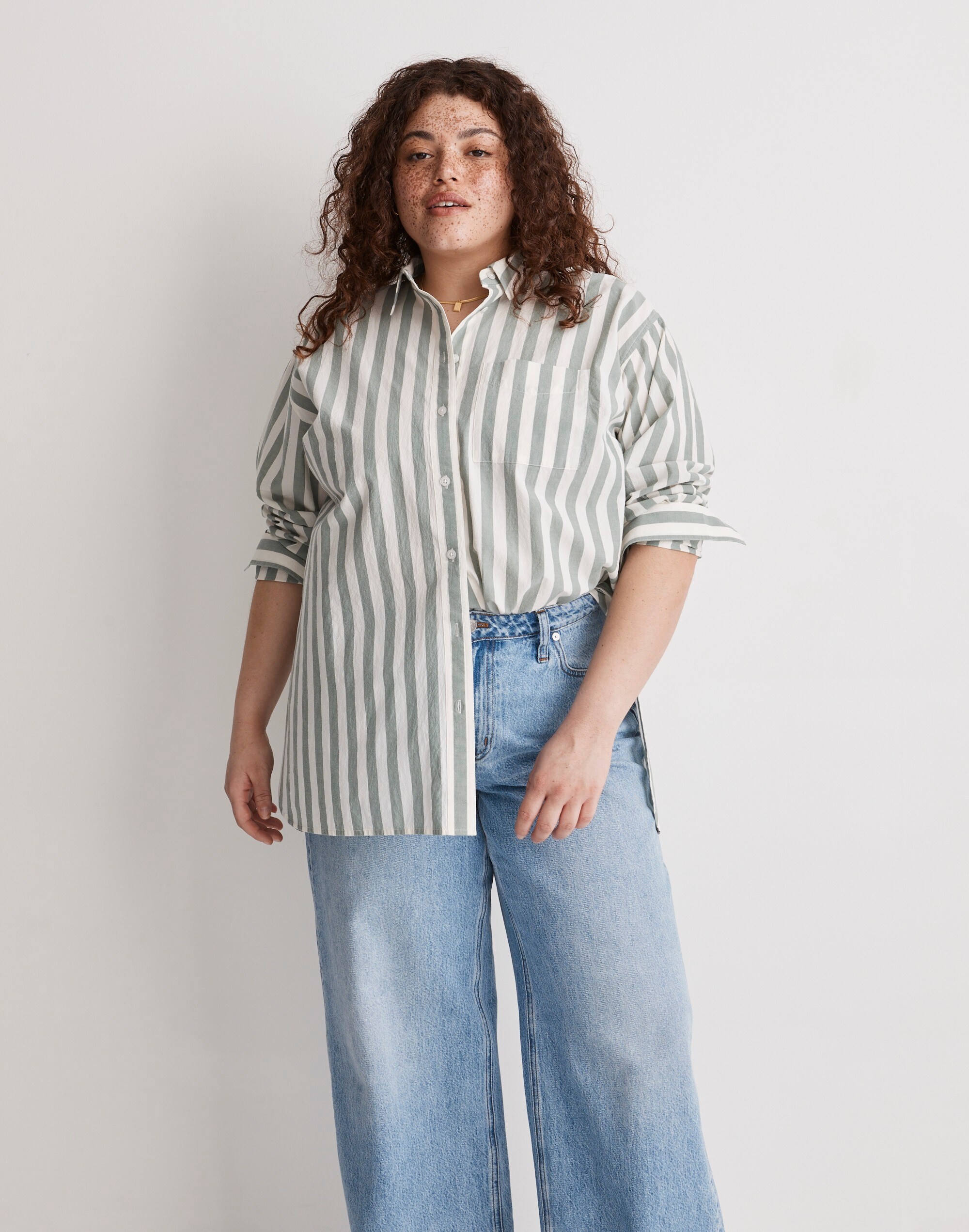 The Plus Signature Poplin Oversized Shirt in Springy Stripe