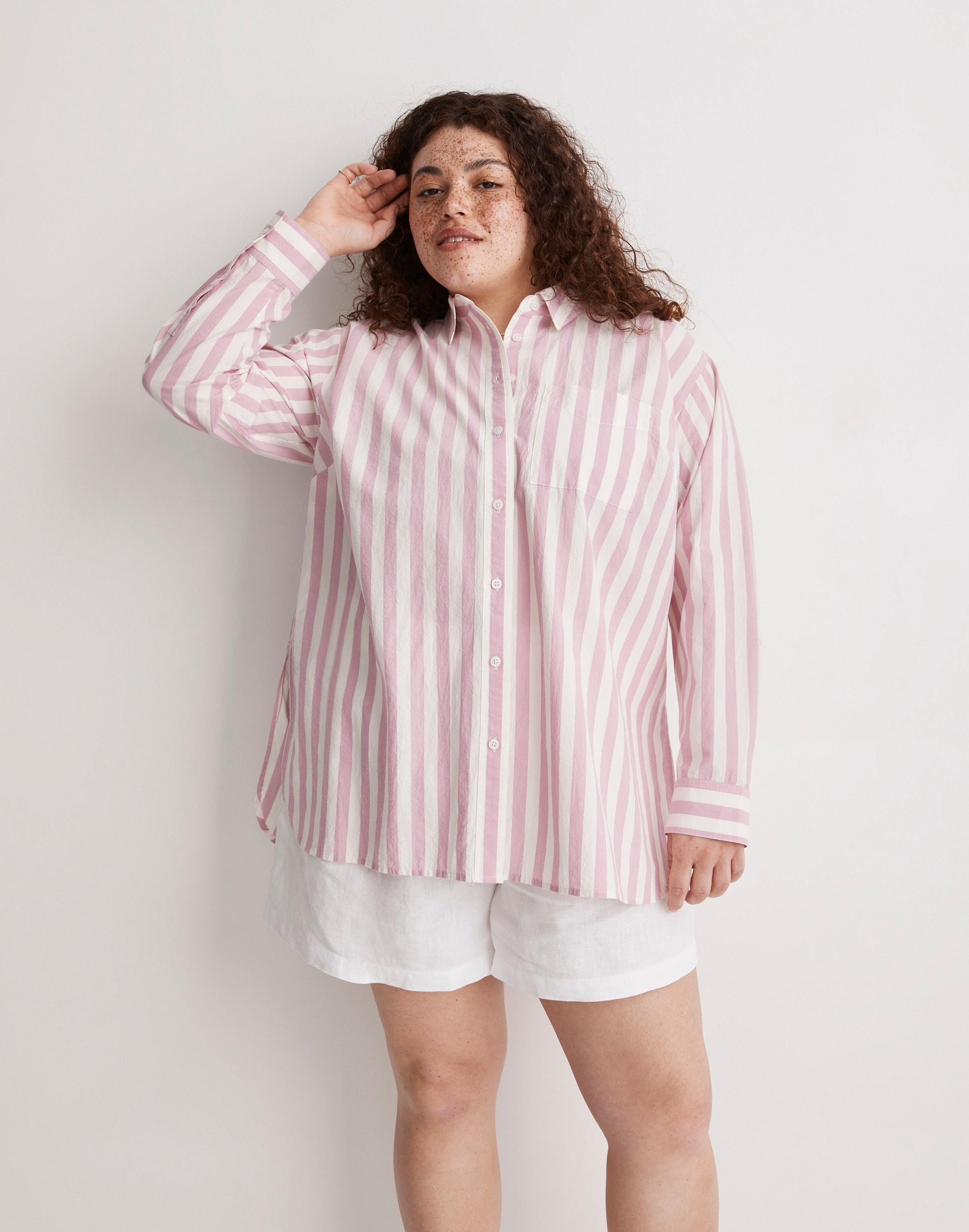 The Plus Signature Poplin Oversized Shirt in Springy Stripe