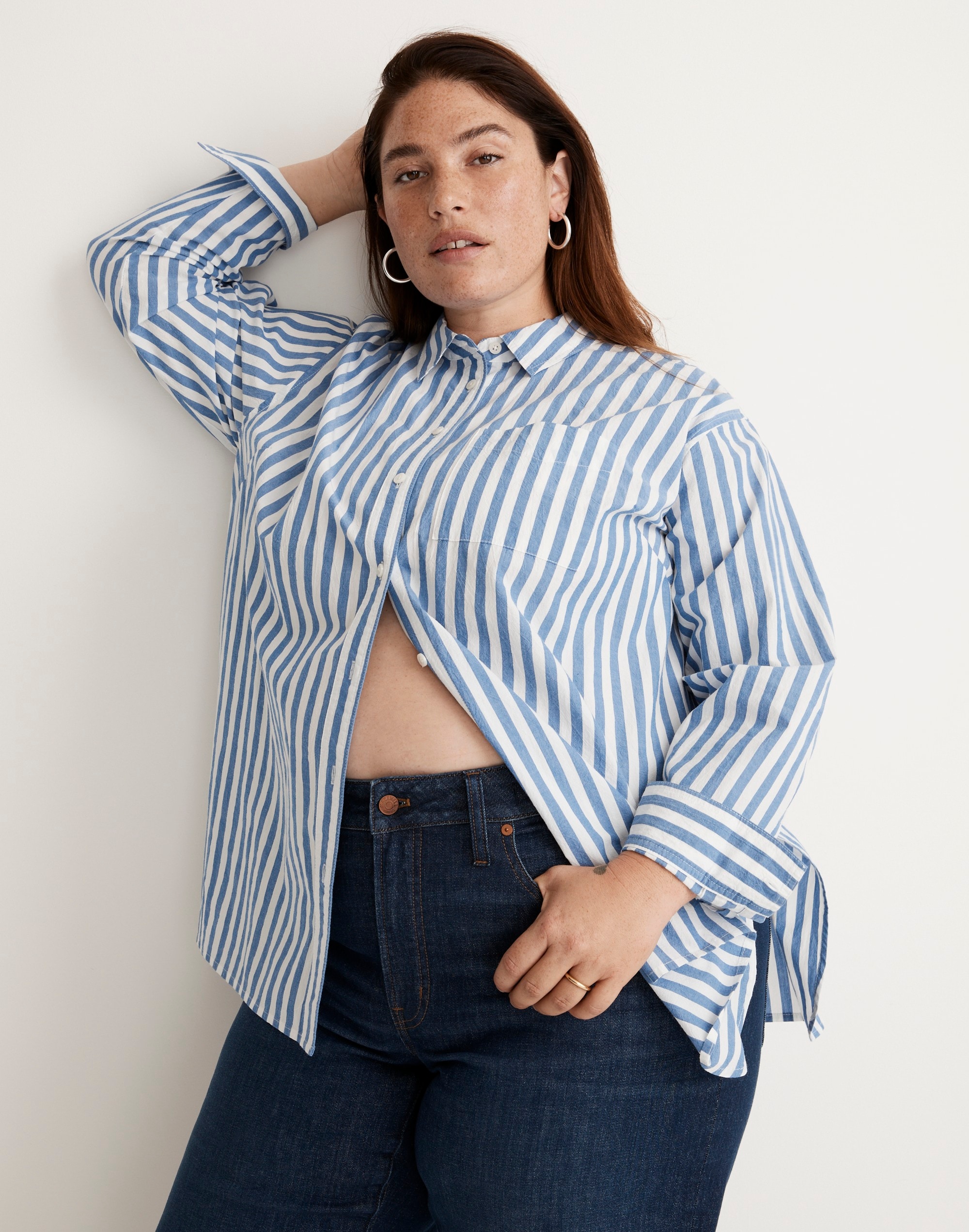 The Plus Signature Poplin Oversized Shirt in Springy Stripe