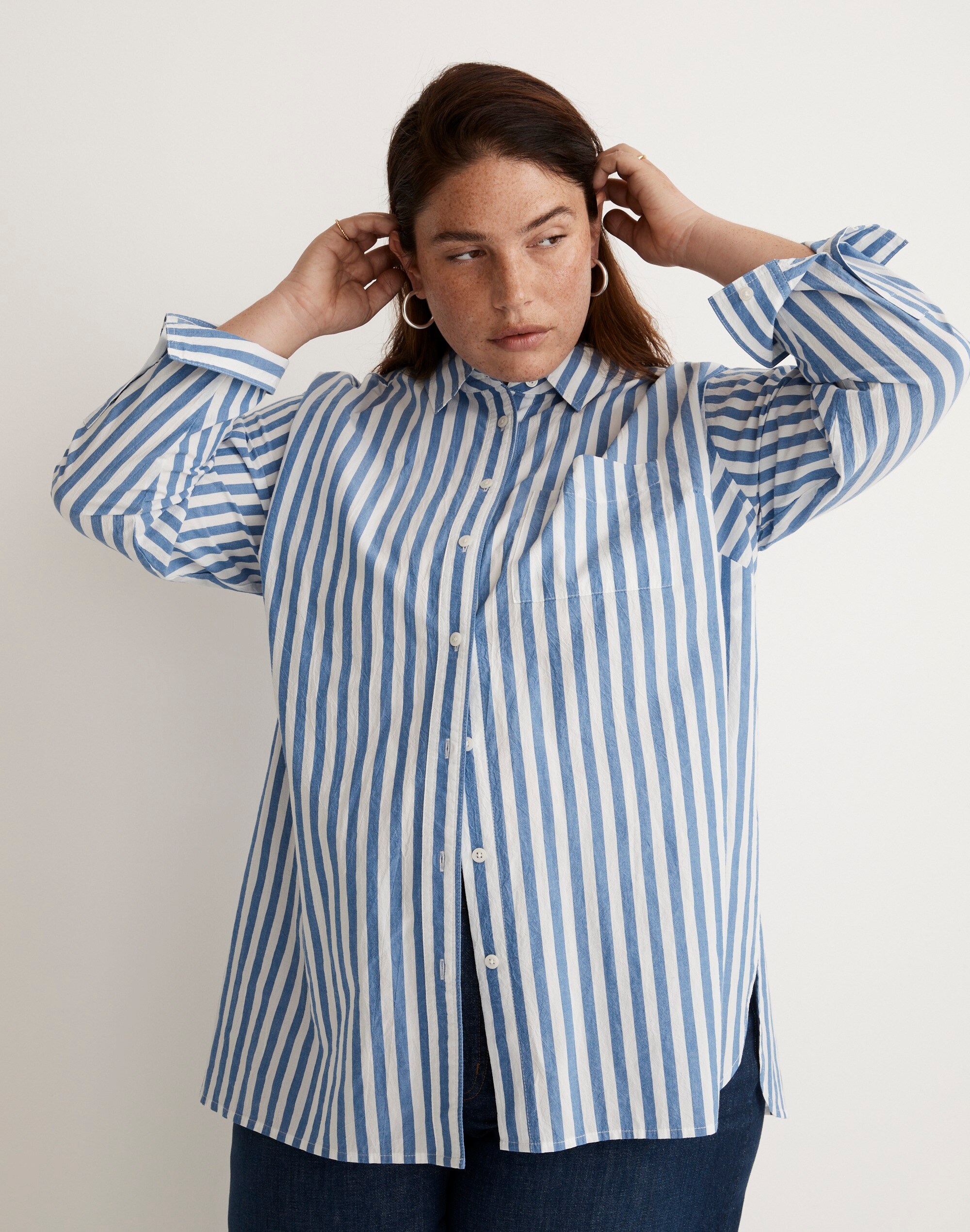 The Plus Signature Poplin Oversized Shirt in Springy Stripe