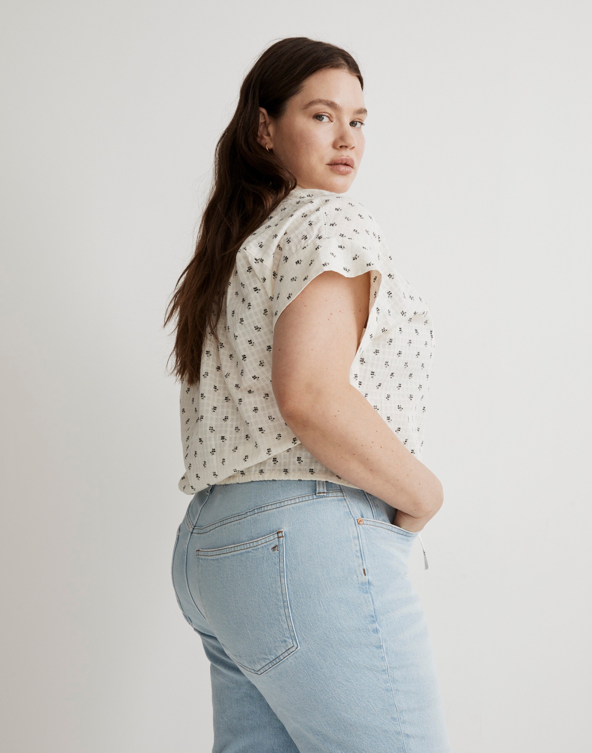 Plus Button-Up Drawstring Shirt in Blooming Ikat