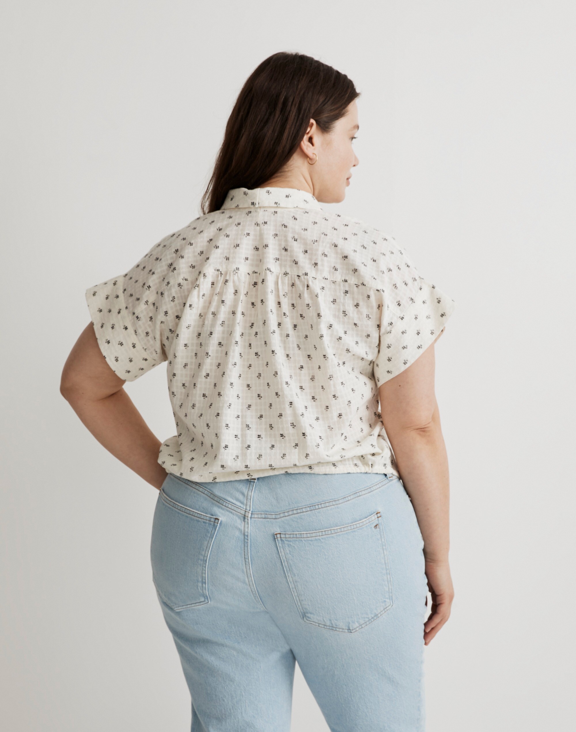 Plus Button-Up Drawstring Shirt in Blooming Ikat