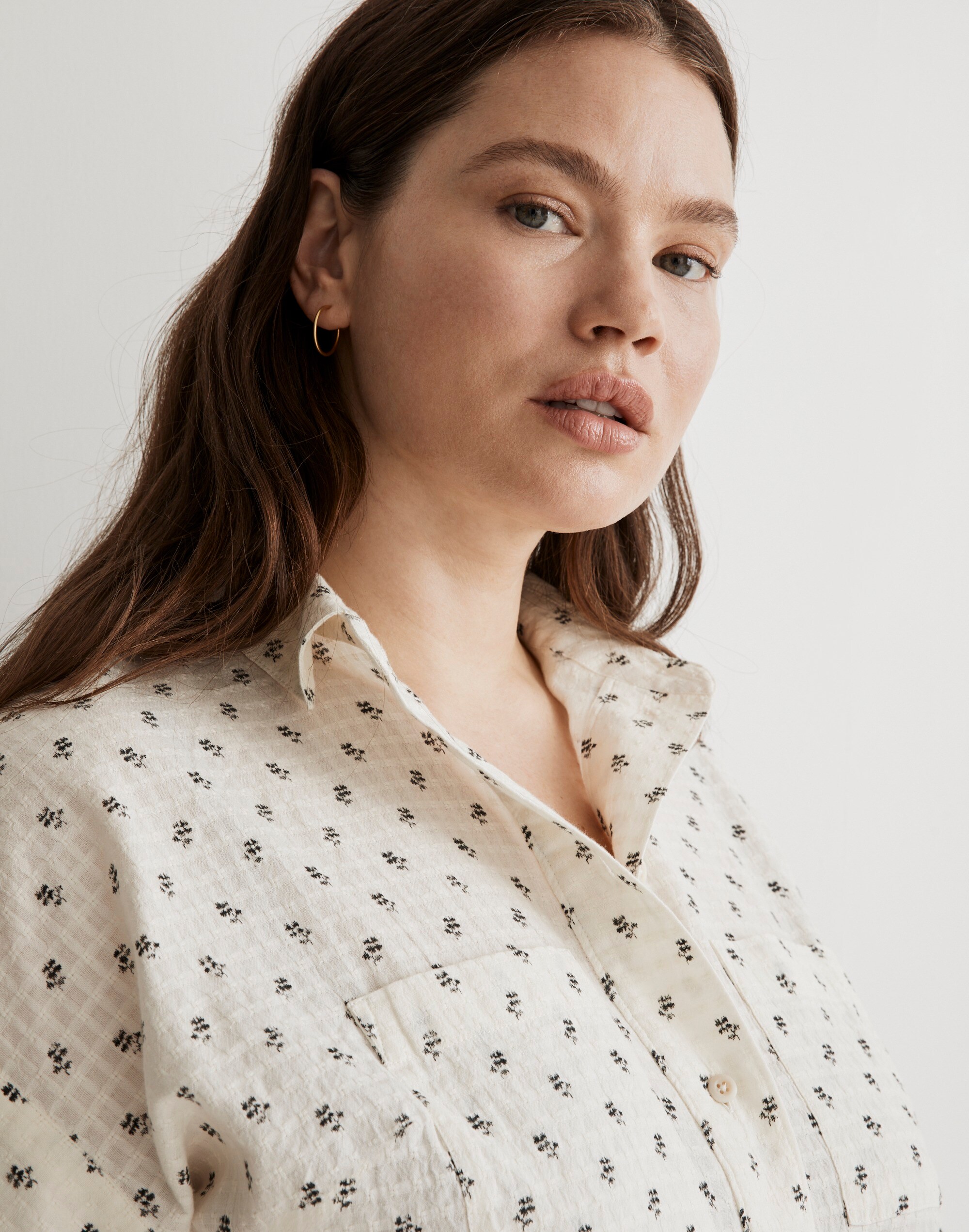 Plus Button-Up Drawstring Shirt in Blooming Ikat