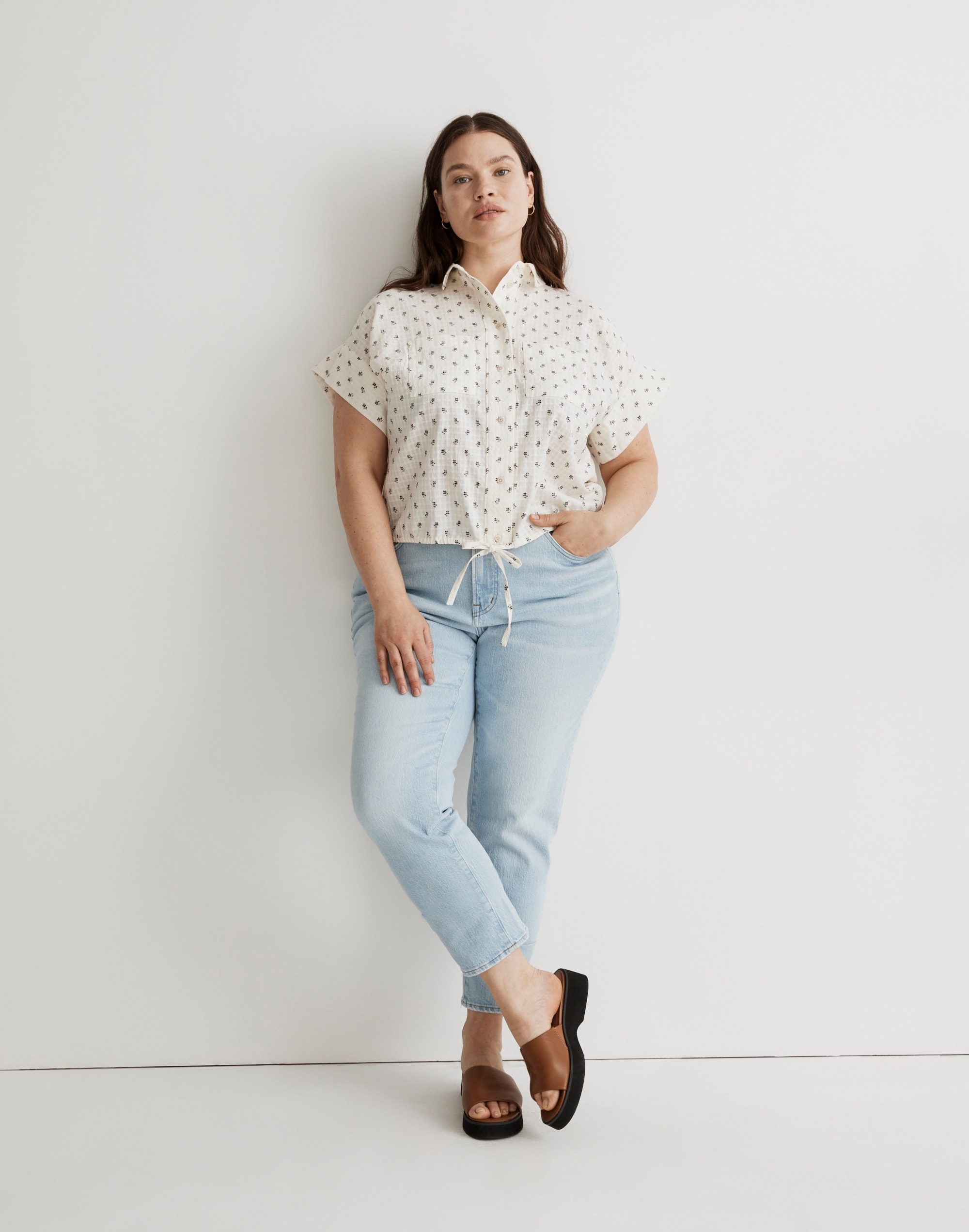 Plus Button-Up Drawstring Shirt in Blooming Ikat